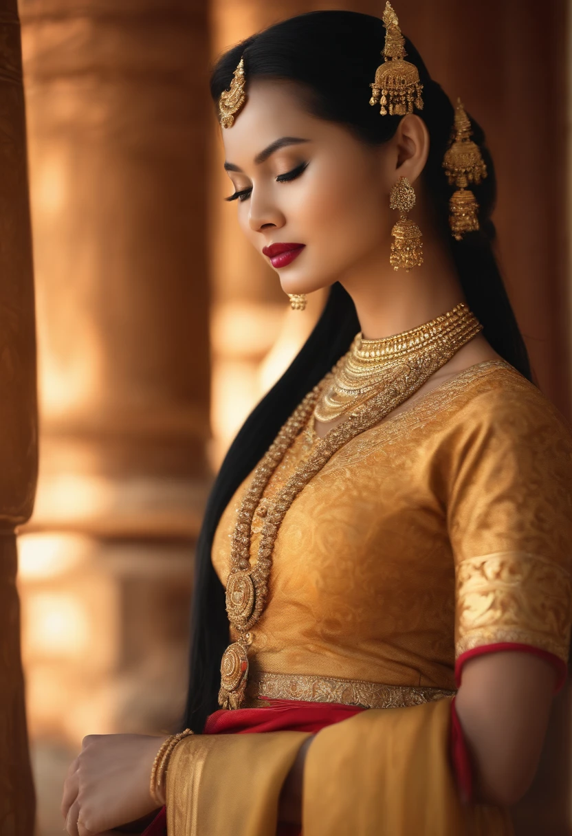 (best quality,4k,8k,highres,masterpiece:1.2),ultra-detailed,(realistic,photorealistic,photo-realistic:1.37), MMTD Burmese patterned traditional dress, beautiful lady wearing the dress, detailed eyes and face, long eyelashes, wear pearl necklaces and gold bracelets, soft natural lighting ,ancient city,standing full body detailsMMTD Burmese patterned traditional dress lady full body details, golden color dress, burmese hair style, wearing ornaments, perfect anatomy, nice face, fair skin, holding traditional lacquer ware flowers basket, sunlight, shade and shadow performance, Bagan temple at background, octane rendering, unreal engine, sharp focus, cenimatic lightning and hyper realistic details,32k, stick movie star style, best composition, fashion magazine cover style,
