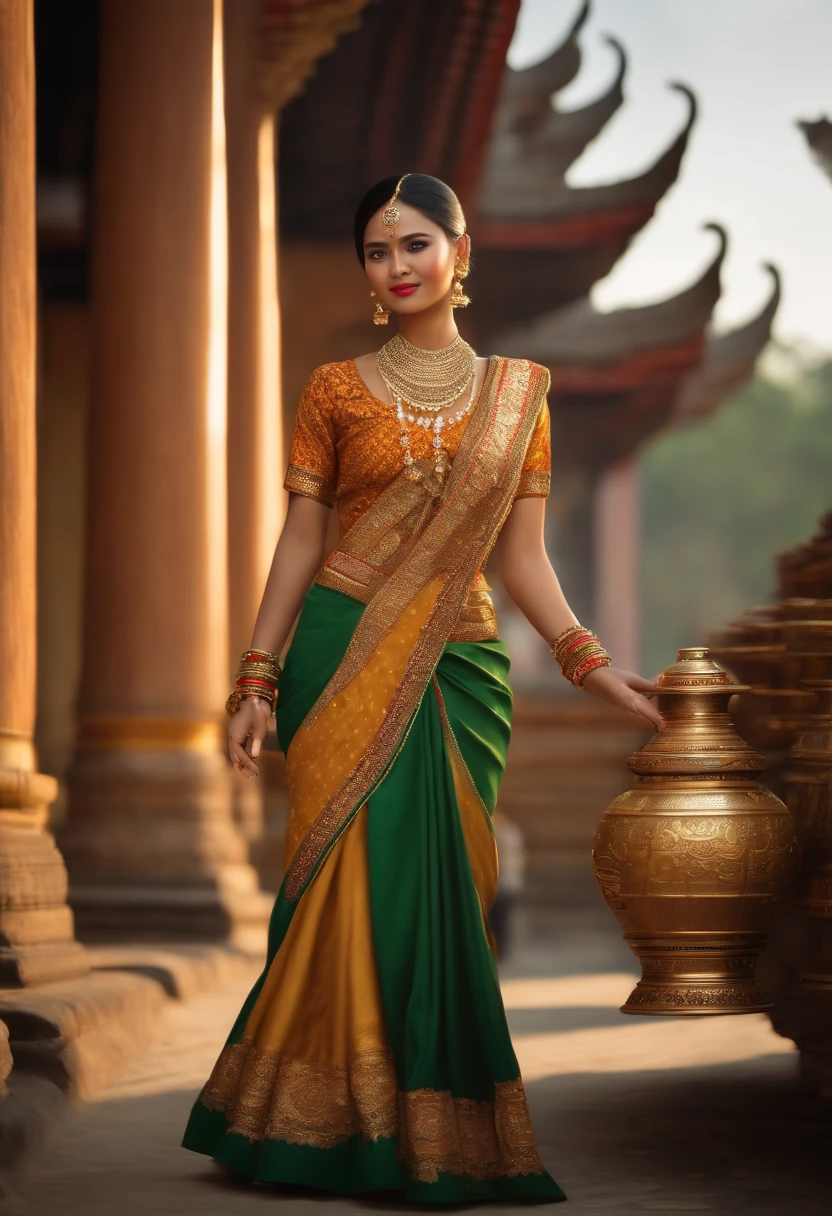 A girl, hot, golden glowing skin, Indian saree,(8k Quality) Ultra realistic, perfect body display ,(Full body view, round breasts,Thin waist, excellent anatomy, no foot jewelery