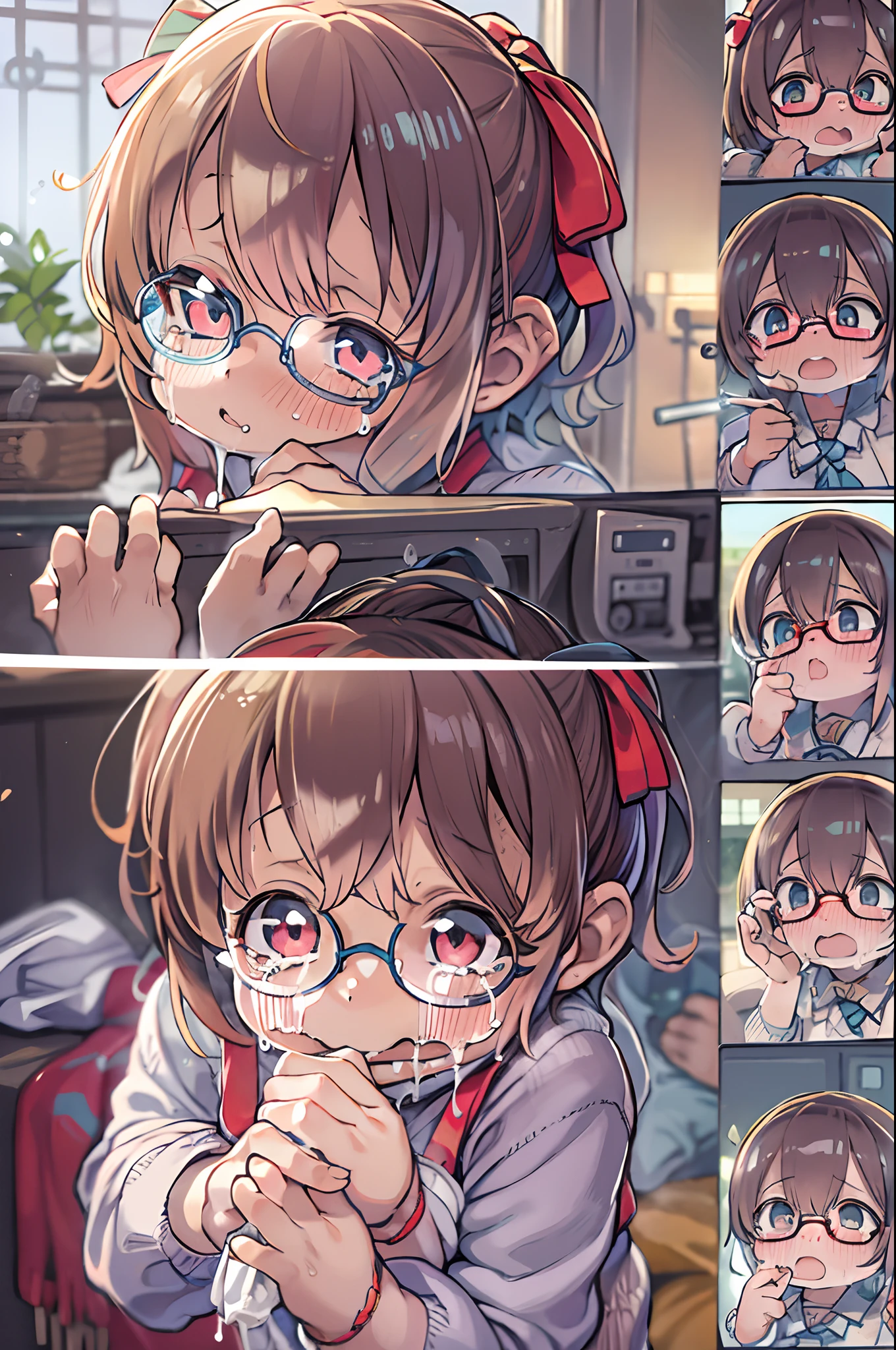 masutepiece, Best Quality,8K resolution,Realistic,, 1 girl, Crying, Girl wiping glass、Big round glasses、