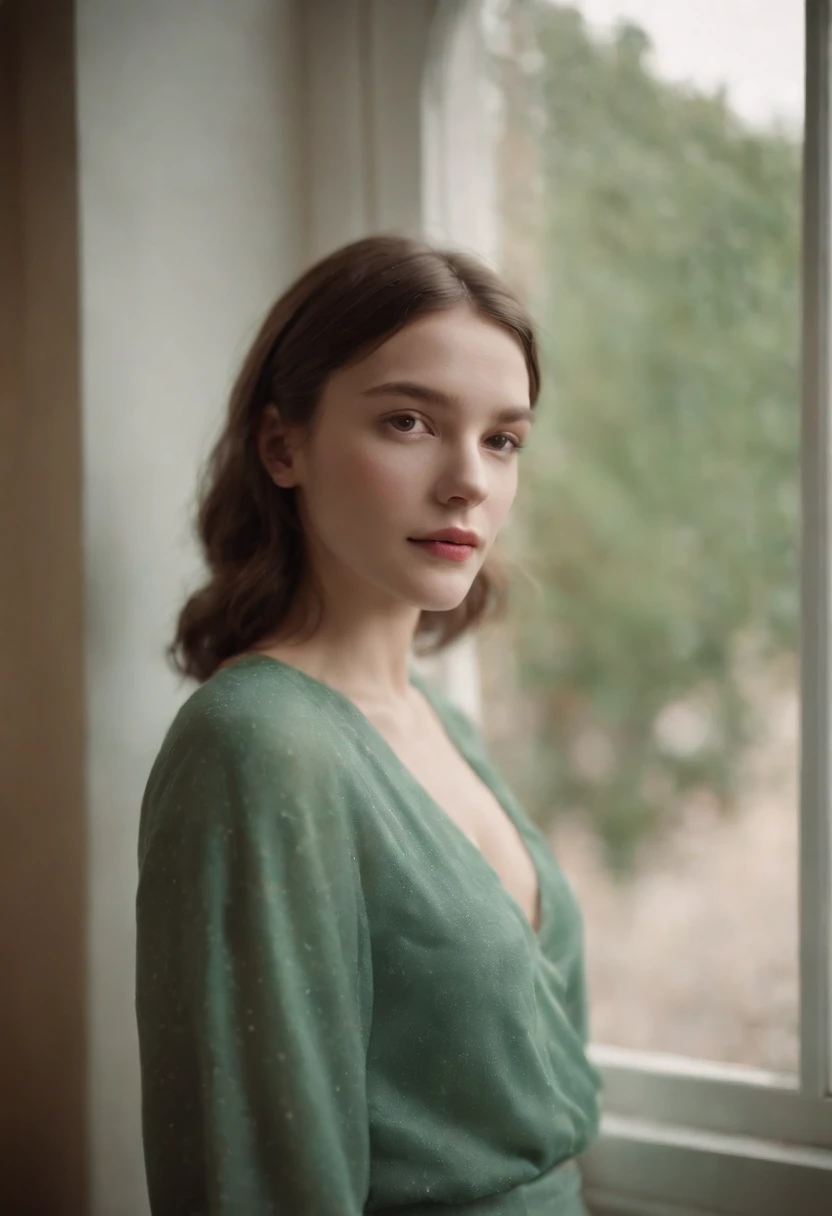 analog photography, grain film, vintage photo, portra 400, flash, in the style of lo-fi aesthetics:: a young woman is standing by the window, in the style of marco mazzoni, soft focus, light green and maroon . --ar 2:3 --v 5.1 50 --style raw --s 2