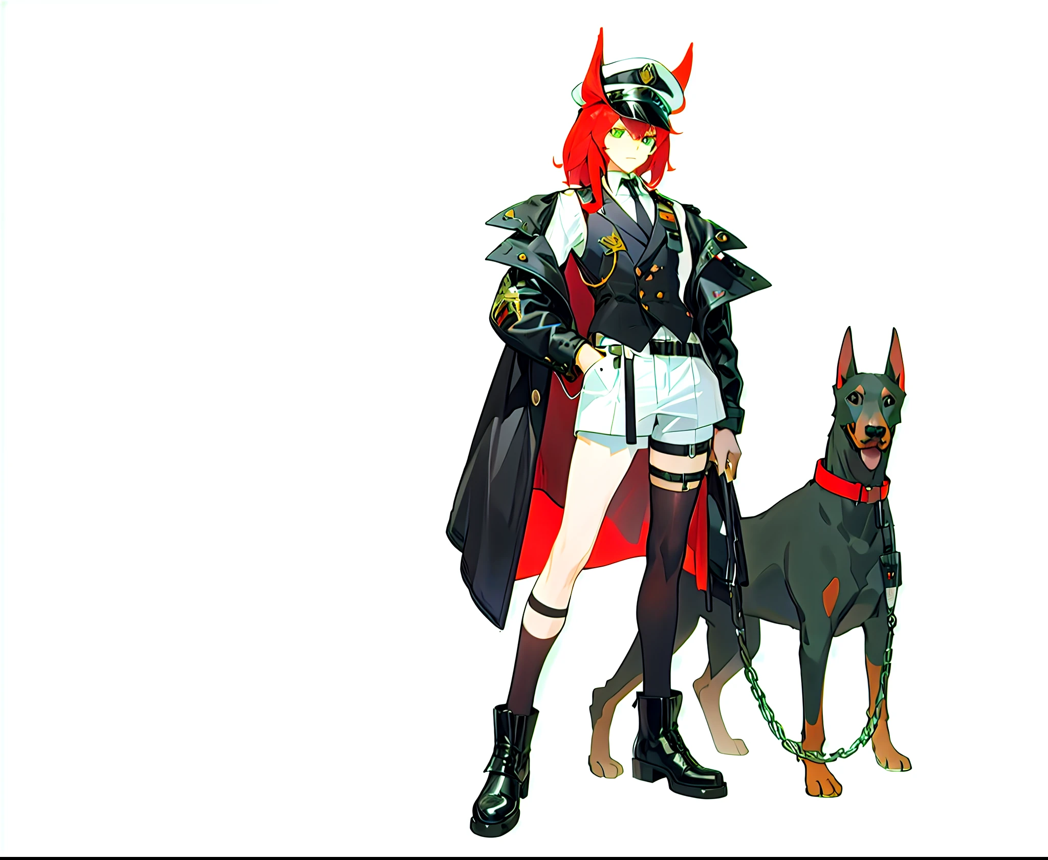A cute boy with red ears, red hair, green eyes, police uniform, wearing a black and white police hat, long leather jacket, white shirt, black vest, all over, white shorts, black leather shoes, black silk, military rank decoration, many belts and metal decorations on his body, leading a Doberman beside him,