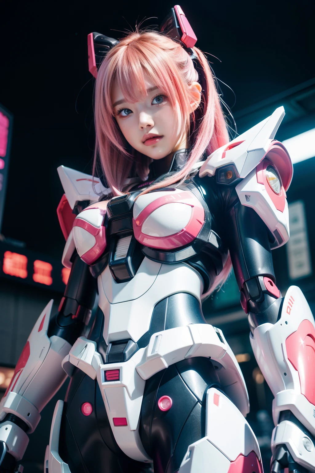 1girl， （Super：1.2）， RAW photos， （realisticlying：1.37， realisticlying）， HD CG unified 8K wallpaper， （（straight from the front）））， （Head office skin： 1.8， Glow skin）， 8K UHD， digital SLR camera， gentle illumination， high high quality, ((shiny gundam armor)), (mecha girl), neon style, pink hair, akihabara background, ((super detail)), (cinematic quality), dynamic pos