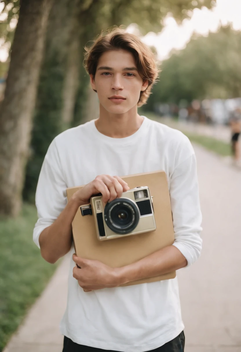 a young man holding a skate board, in the style of fujifilm quicksnap disposable camera, minimalist portraits, light white and gold, rodenstock imagon 300mm f/5.8, balanced asymmetry, heatwave，