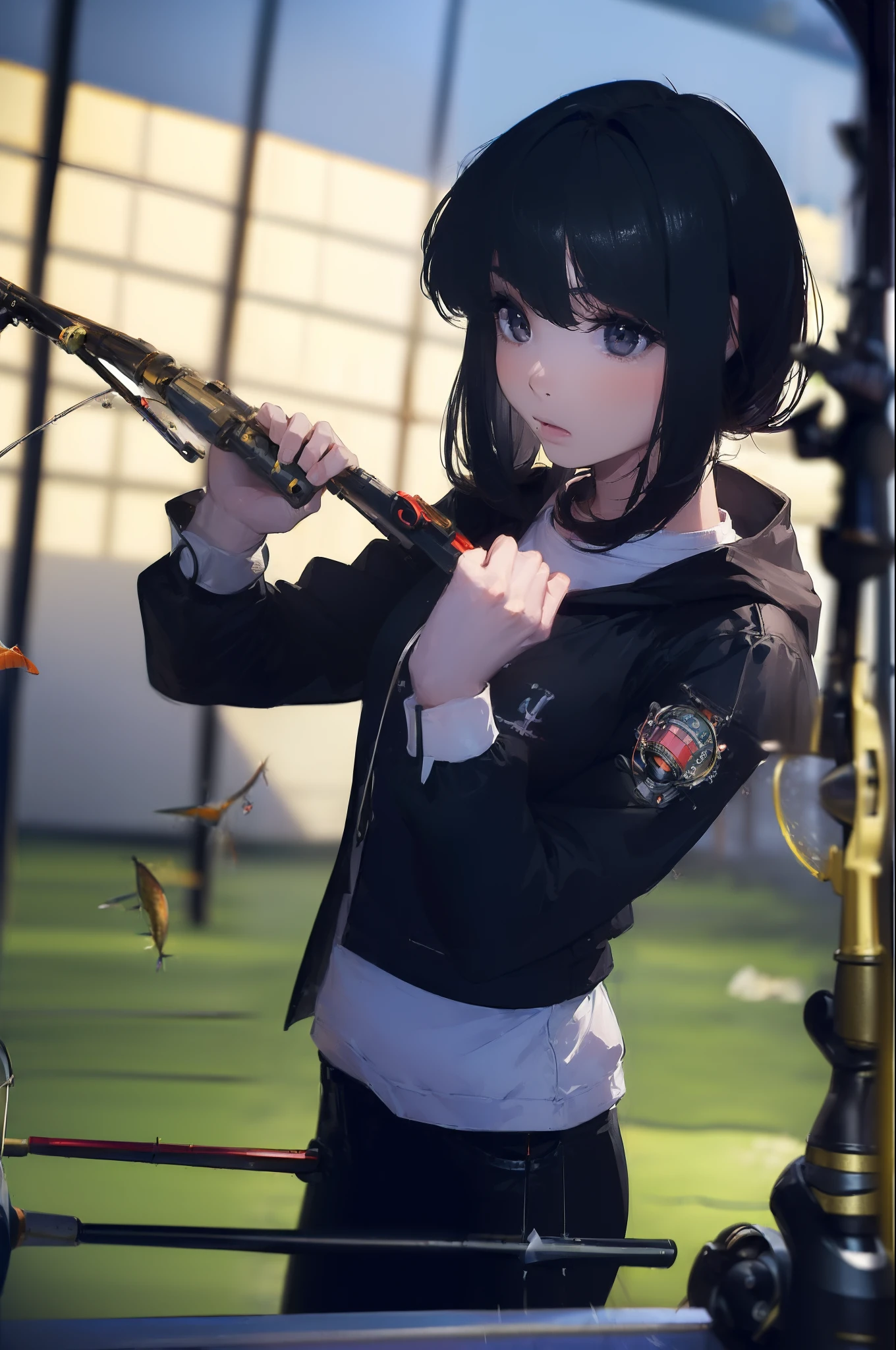 ((((Have fishing rod with a reel:1.5)))),((Female 28 years old)),((Best Quality:1.5)),(((Hands with the correct number and structure of fingers:1.4))),((lakeside:1.37)),hight resolution,ultra-detailliert,​masterpiece,best qualtiy,(Eight-headed body),Black hair, long eyeslashes, Solid Circle Eyes, drop shadow, Atmospheric perspective,Super Detail, ccurate, small brest,(Black jacket and black jeans :1.1),top-quality, blurry backround, bokeh dof:1.2, (​masterpiece:1.3),  Atmospheric perspective,Super Detail,dynamic compositions, Ultra High Quality,