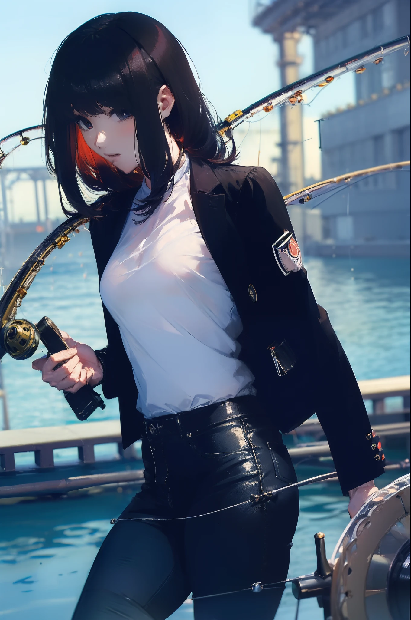 ((((Have fishing rod with a reel:1.5)))),((Female 28 years old)),((Best Quality:1.5)),(((Hands with the correct number and structure of fingers:1.4))),((lakeside:1.37)),hight resolution,ultra-detailliert,​masterpiece,best qualtiy,(Eight-headed body),Black hair, long eyeslashes, Solid Circle Eyes, drop shadow, Atmospheric perspective,Super Detail, ccurate, small brest,(Black jacket and black jeans :1.1),top-quality, blurry backround, bokeh dof:1.2, (​masterpiece:1.3),  Atmospheric perspective,Super Detail,dynamic compositions, Ultra High Quality,