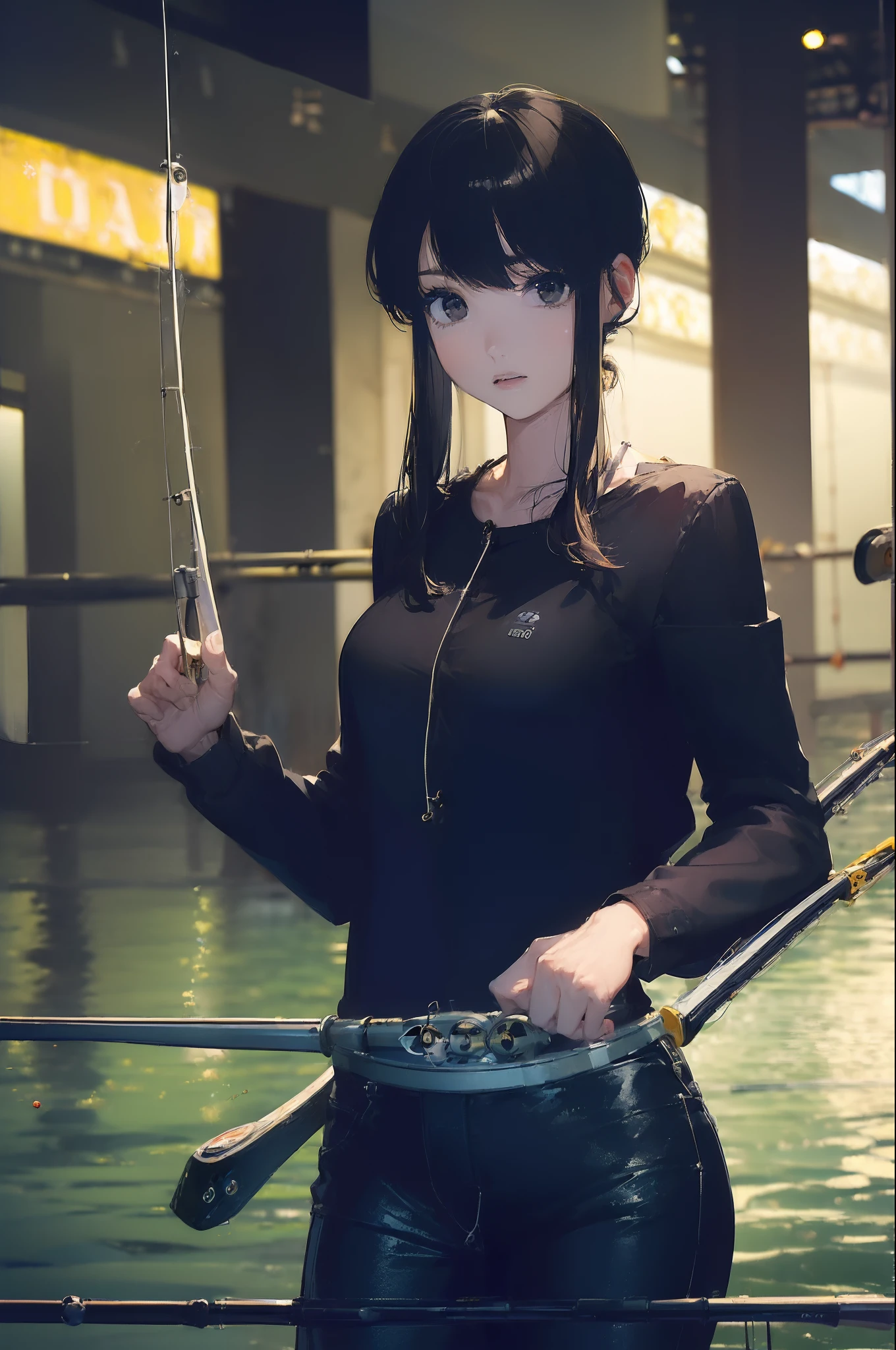 ((((Have fishing rod with a reel:1.5)))),((Female 28 years old)),((Best Quality:1.5)),(((Hands with the correct number and structure of fingers:1.4))),((lakeside:1.37)),hight resolution,ultra-detailliert,masterpiece,best qualtiy,(Eight-headed body),Black hair, long eyeslashes, Solid Circle Eyes, drop shadow, Atmospheric perspective,Super Detail, ccurate, small brest,(Black jacket and black jeans :1.1),top-quality, blurry backround, bokeh dof:1.2, (masterpiece:1.3), Atmospheric perspective,Super Detail,dynamic compositions, Ultra High Quality,