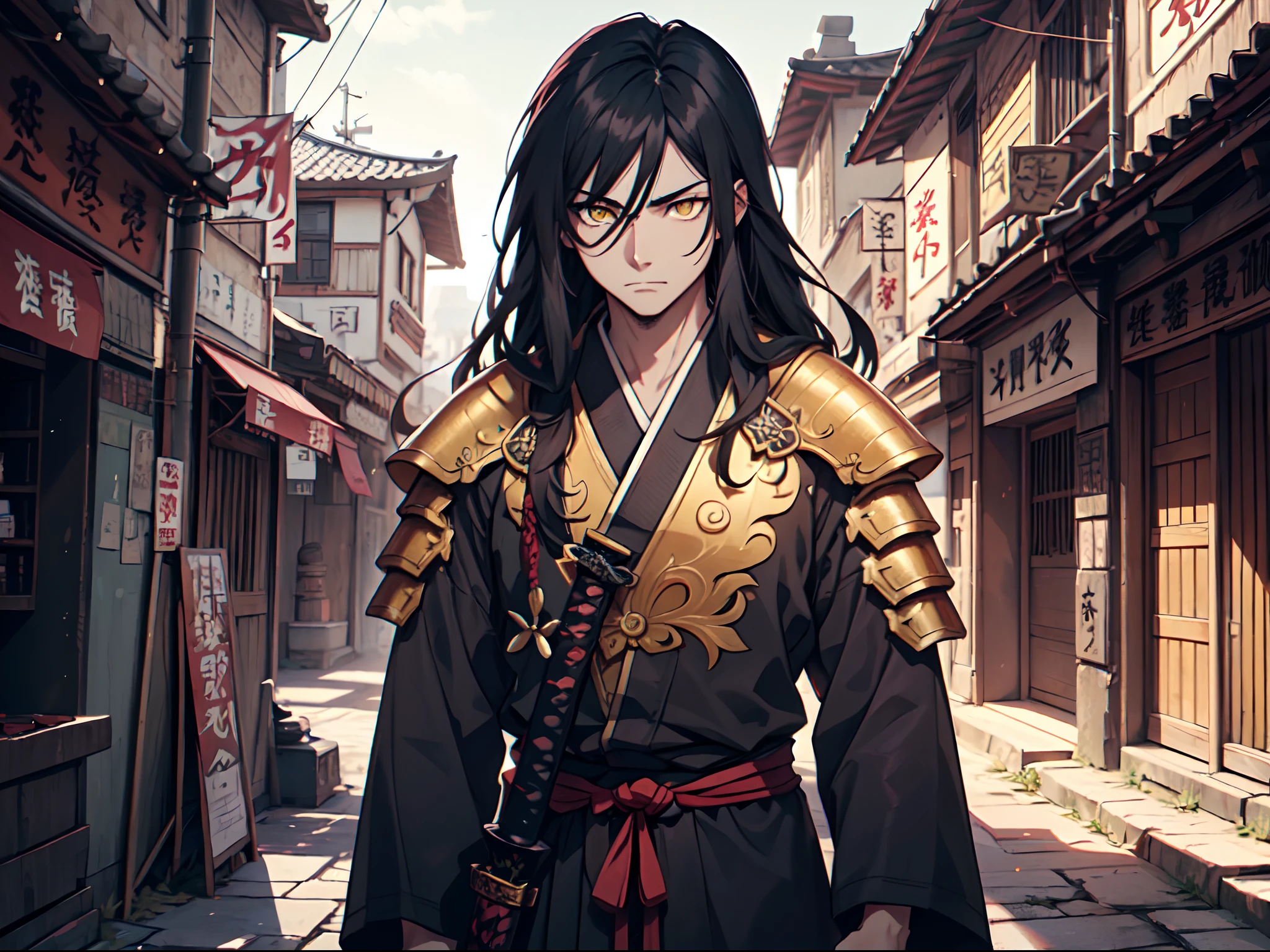 1 boy, Xin from Kingdom anime, armored with Samurai armor, holding katana, ultra high definition, 8k, handsome,black and yellow pupil eyes, long black hair, ancient city background