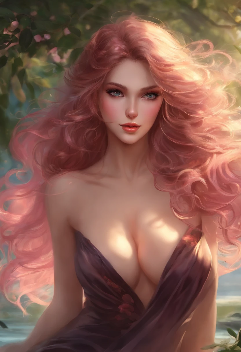 mujer anime, hermosa, ecchi, topless, pelo rosa, curvas definidas, grandes pechos, piel mojada