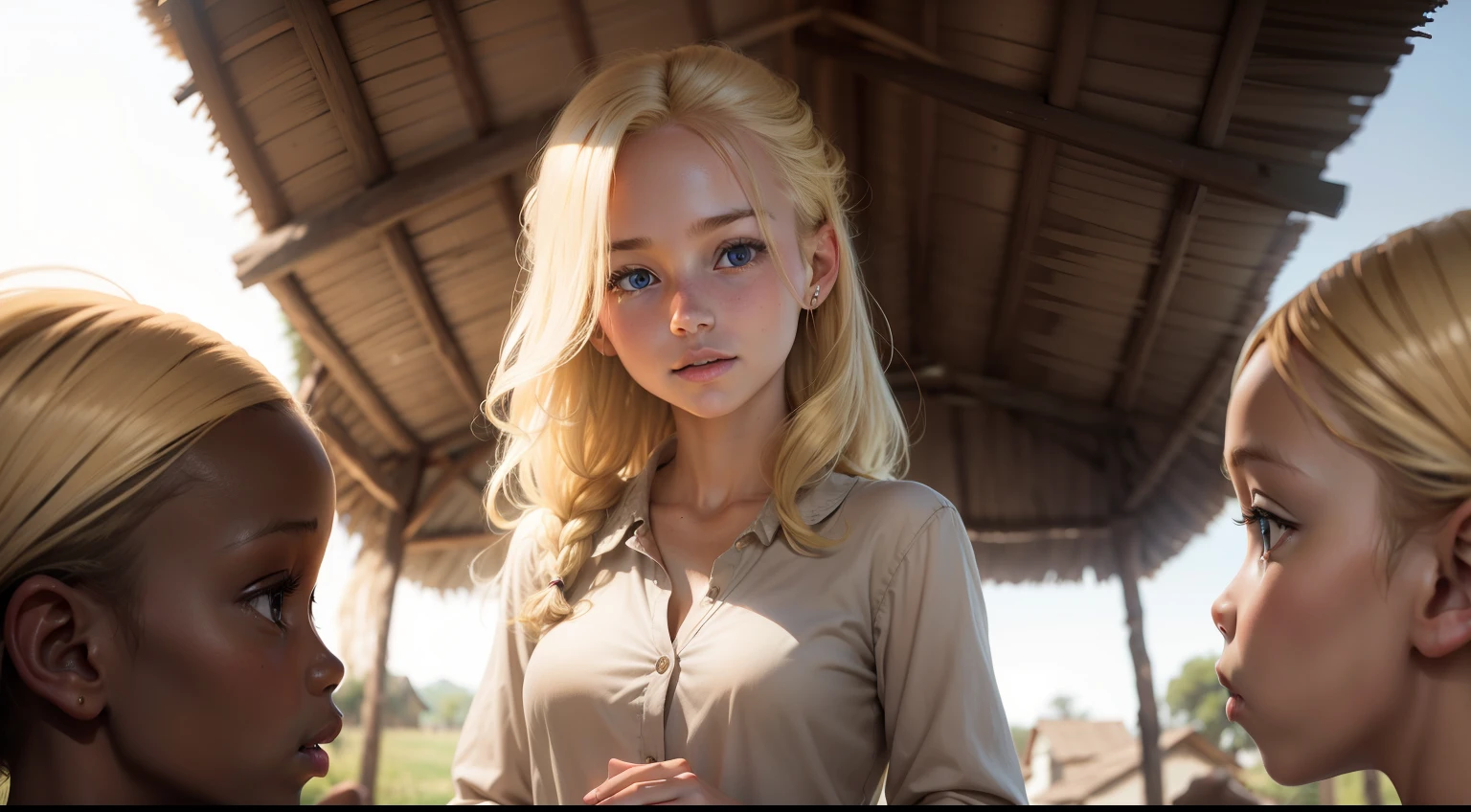 Abigail, a blonde hair young woman helping children in a village in Africa