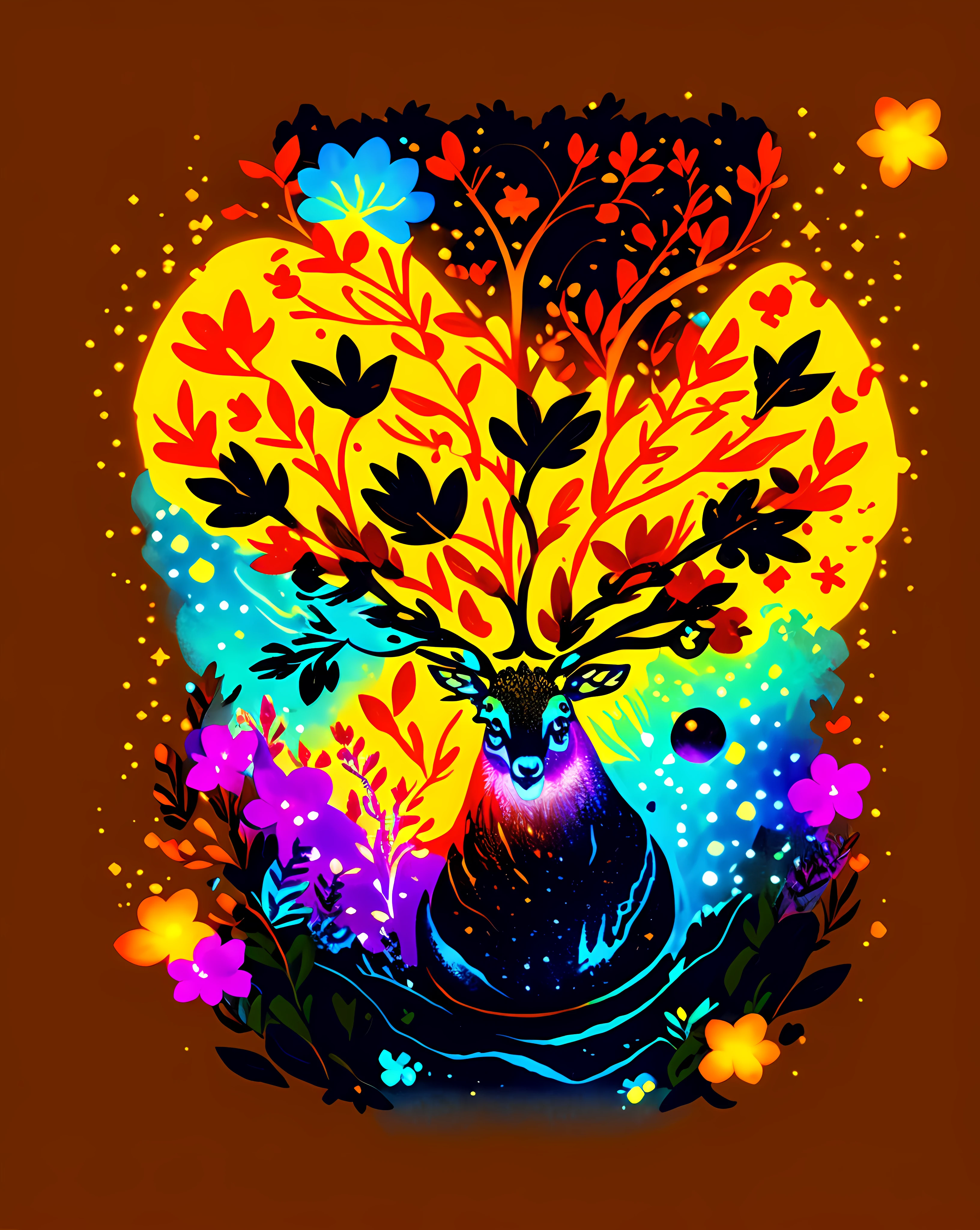Painting of colorful deer on black background，breath-taking rendering，Within a radiant connection，Inspired by Kinuko Y. Craft，，Magical elements，Fawn icon，much wow，It's beautiful，Cast colorful spells，Bright flash，flash lights