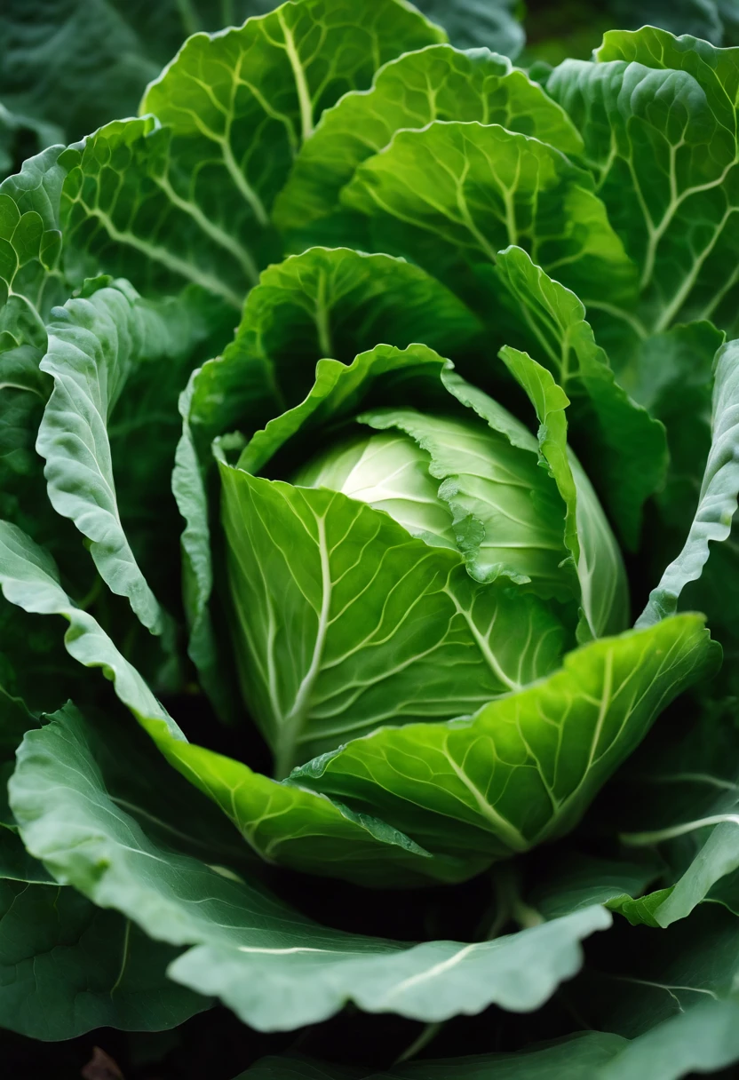 Lots of cabbage in the vegetable field，The shape of the cabbage is like a nuclear rooster，Lined up neatly，Green cabbage