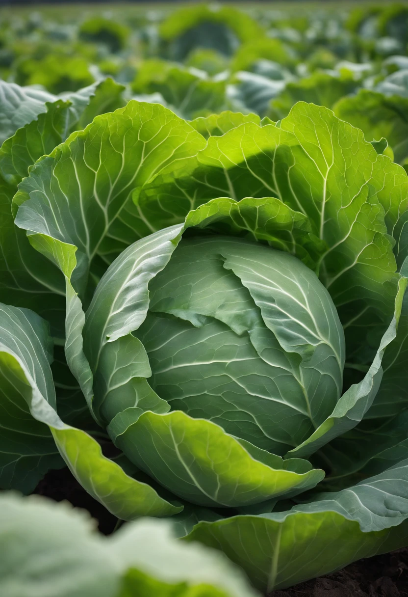 Lots of cabbage in the vegetable field,The shape of the cabbage is like a nuclear rooster,Lined up neatly,Green cabbage