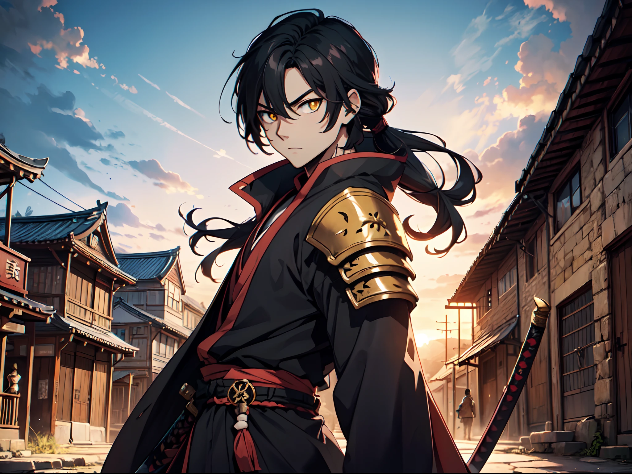 1 boy, Xin from Kingdom anime, armored with Samurai armor, holding katana, ultra high definition, 8k, handsome,black and yellow pupil eyes, long black hair, ancient city background