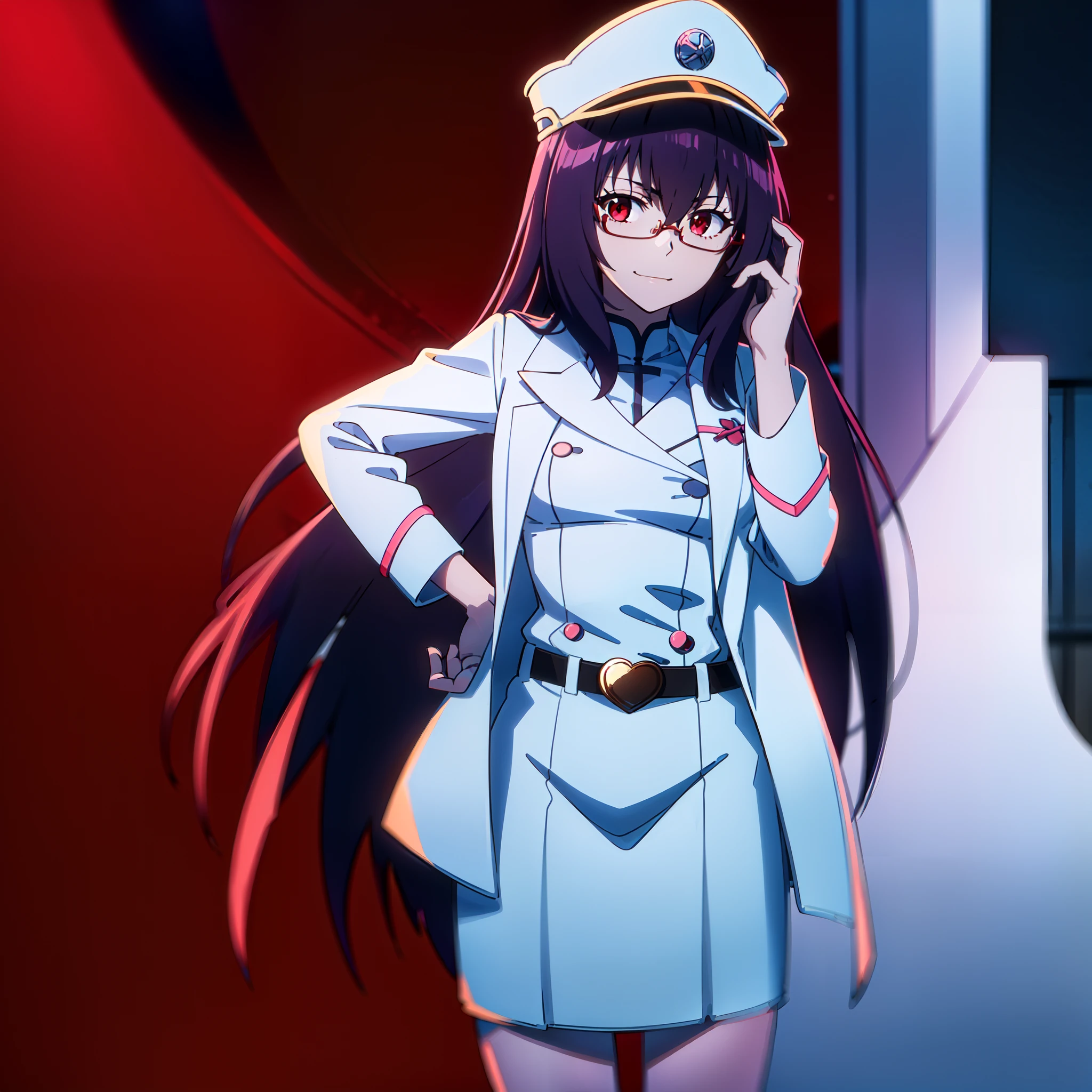 (masterpiece, best quality:1.2), cowboy shot, solo, 1girl, scathach \(fate\), smile, looking at viewer, hand on own face, long purple hair, red eyes, ribbed dress, (rimless eyewear:1.3), military hat, belt, white suit, anime screencap,anime coloring,