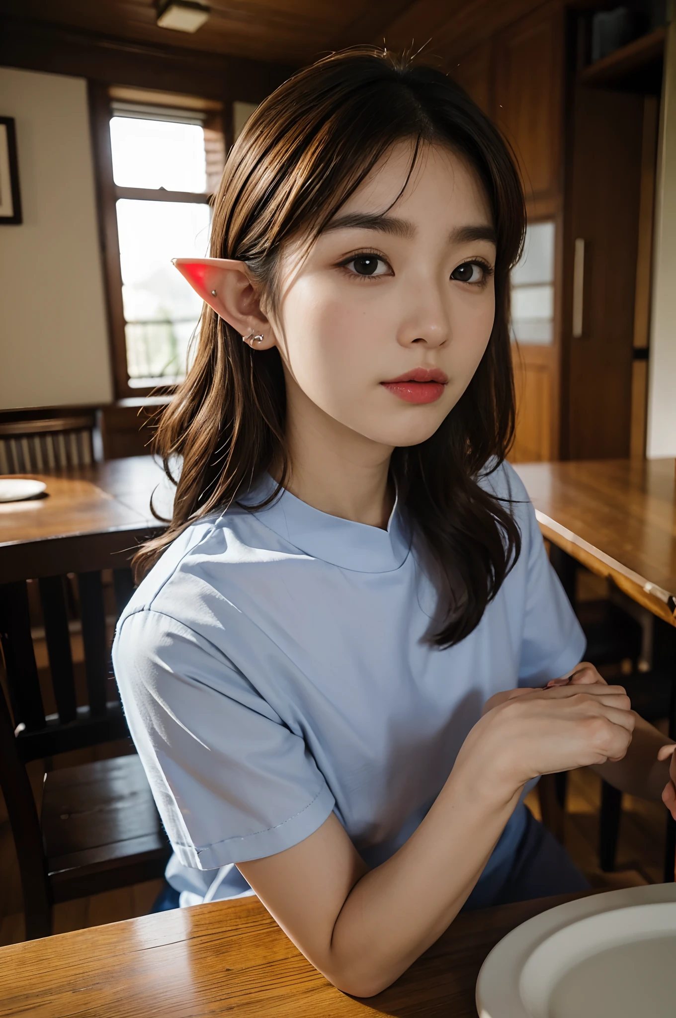 ((pointy ear))、Fun Themes、(top-quality、​masterpiece:1.2)、(((From directly below)))、Very Wide Shot、fish-eye lens、English style living room on background、Sit at the dining table、The shirt、Textured skin, Cinematic、１33 year old beautiful woman with brown hair、Korean Beauties、short-hair、loose curly hair、Floating hair、Upward perspective、sony a7,24mm lens shooting、F 1.8 Aperture、No retouching、Realistic raw photos、The skin texture is very detailed、without makeup、elf-ears、randome pose