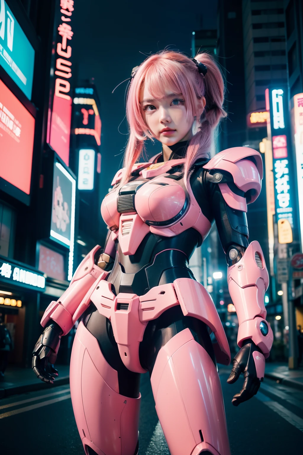 1girl, (Super:1.2), RAW photos, (realisticlying:1.37, realisticlying), HD CG unified 8K wallpaper, ((straight from the front))), (Head office skin: 1.8, Glow skin), 8K UHD, digital SLR camera, gentle illumination, high high quality, ((shiny gundam armor)), (mecha girl), neon style, pink hair, akihabara background, ((super detail)), (cinematic quality), dynamic pos