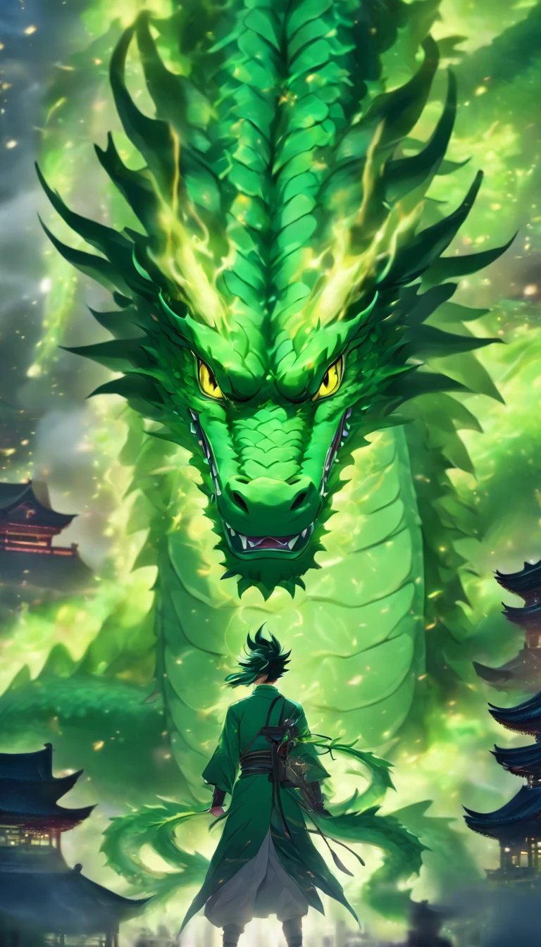 China-style，中景 the scene is，Giant green dragon glowing special effects，Hyper-realistic，Ultra photo realsisim，Chinese black and white ink style，Silver，Decolorization，Smudge，ink，8K，super-fine，high qulity，OC renderer