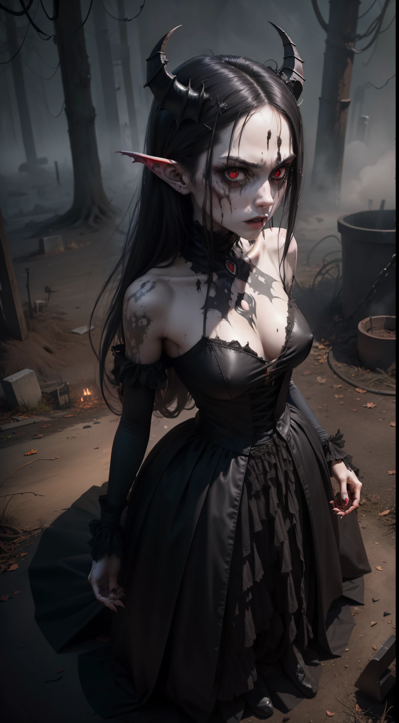 A very pal humanoid character, with red eyes, her name is (The Englewood Succubus), she is crazy, nuts, horror, she is creepy, she is scary, shock value, very evil, she is skinny, evoke, fear, terror, dread, decay, disgust, she is a Psycho, dark, unusually thin, thin, scraggly, emaciated, twisted, frightening, sick, solo, close up, (messy_long_dark_hair), fog, evil eyes, eyes glowing, (she is wearing a very dirty old torn_black_dress), fall weather, dusk, rising from her grave, full body, floating in the air, vampire, 1600s