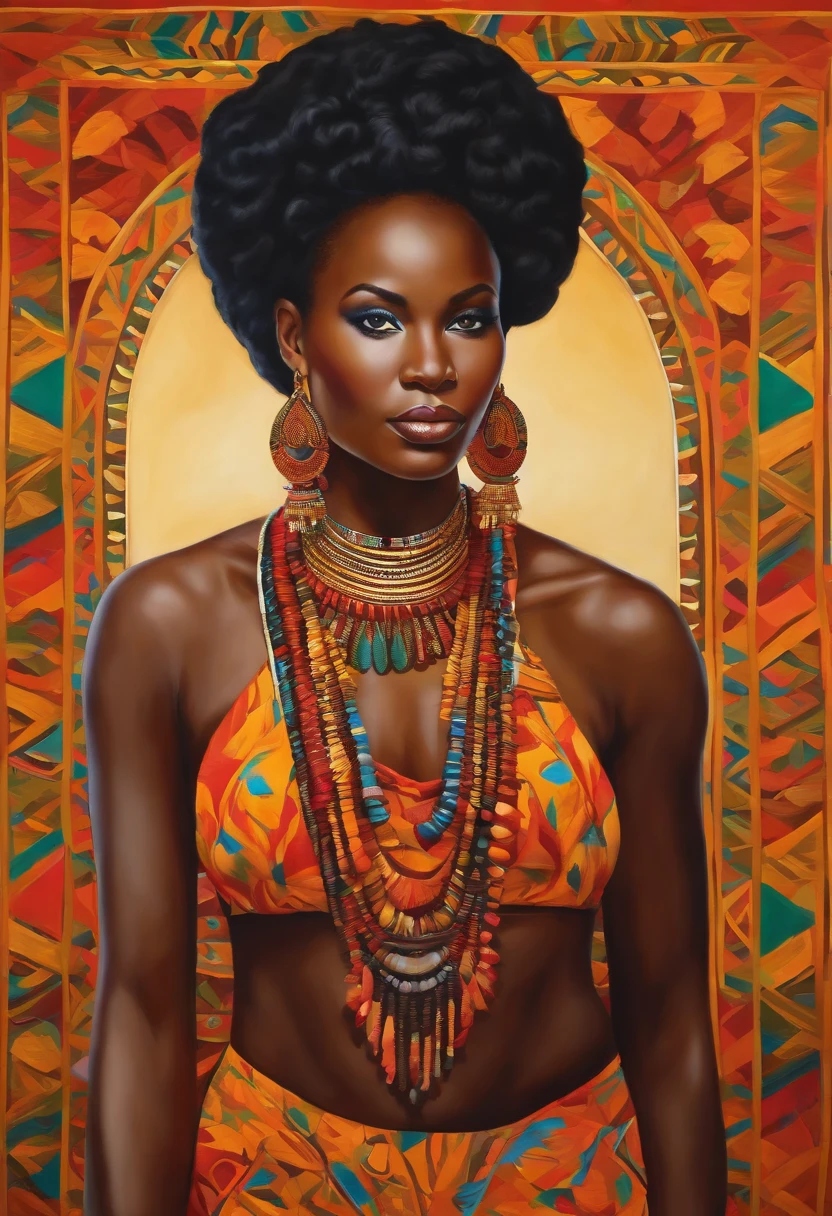 master part, melhor qualidade, ultra high-resolution, 1 menina africana de pele escura, (Arte Fractal:1.3), sombra profunda, tema escuro, totalmente vestido, colar, abandonado, cowboy shot, Seios colossais,