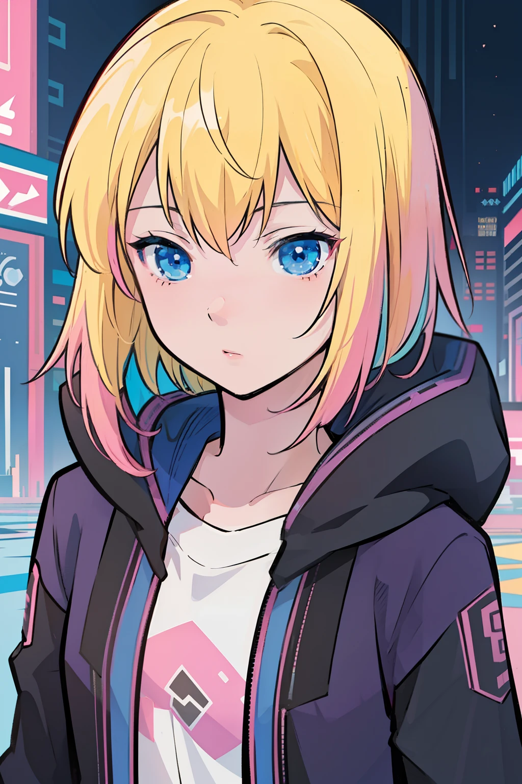 solo, 1girl, (masterpiece), (( appearance)), Blonde hair, blue eyes, anime girl, Dark pink jacket, Black pants, cyberpunk city,
