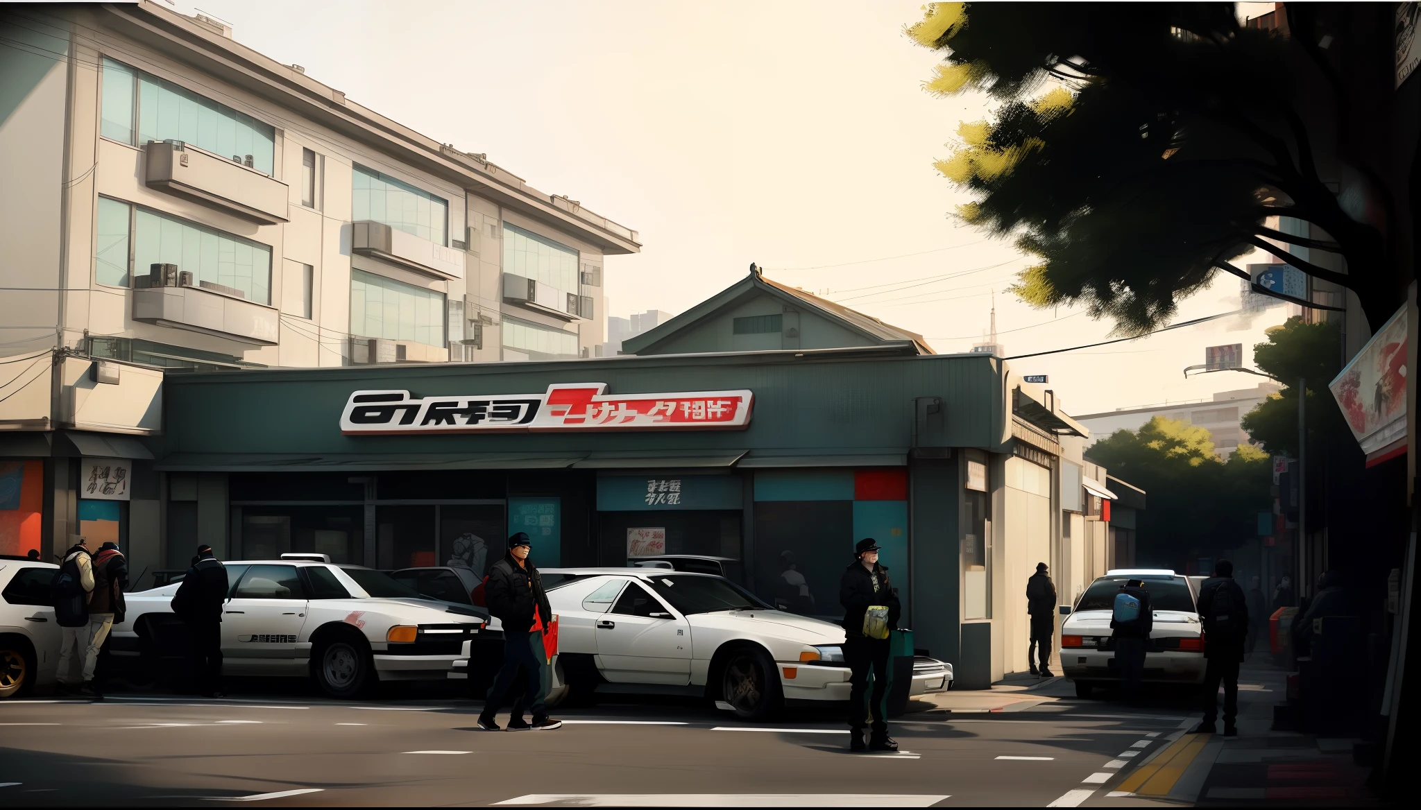 cars parked in front of a store with a man walking by, street background, art gta 5 comics, street, style of gta v artworks, japanese street, street city, gta chinatowon art style, gta art style, gta chinatown art style, street corner, grimy streets backdrop, initial d anime screenshot, set in tokyo bank parking lot, gta iv art style