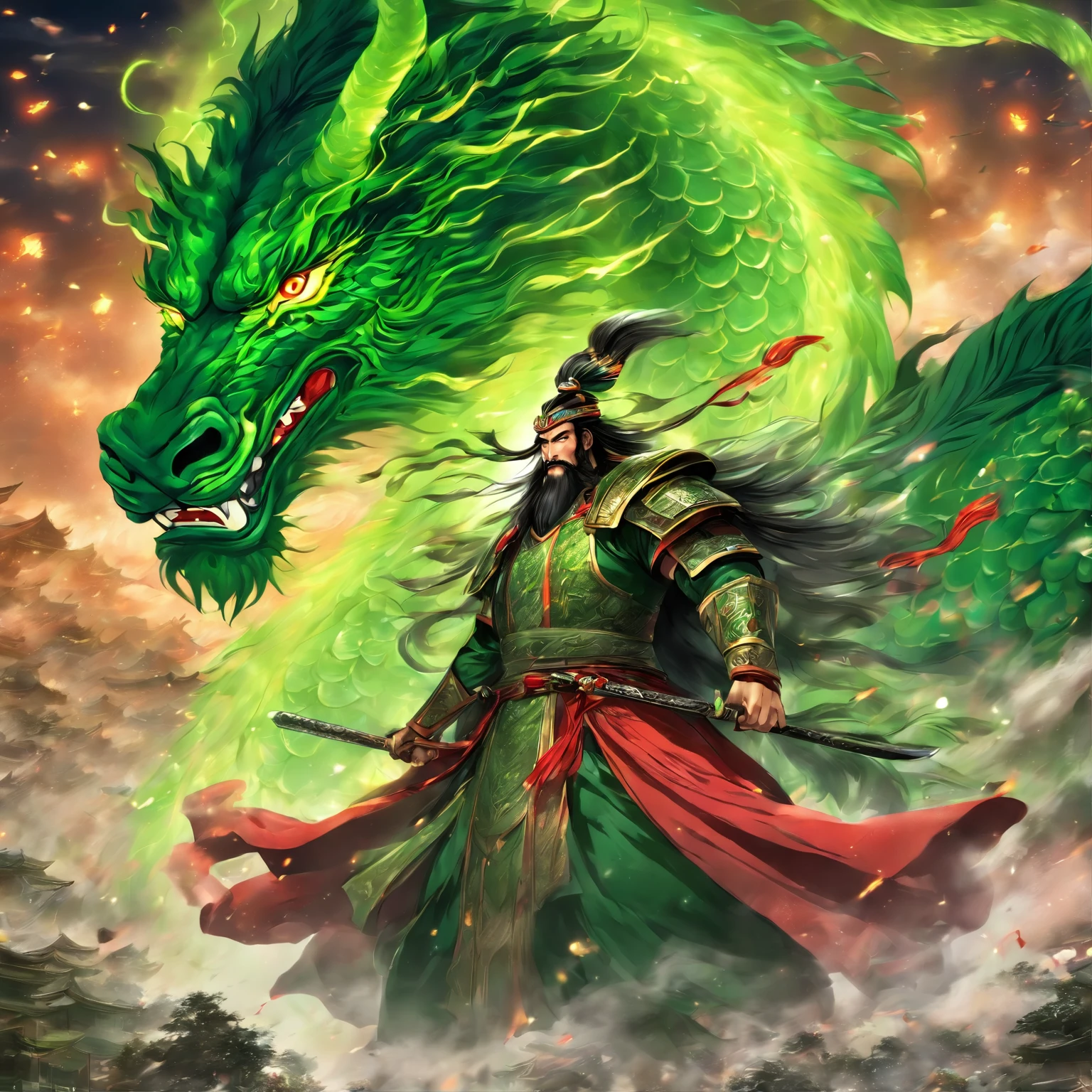 Guan Yu in the Romance of the Three Kingdoms,Guan Yu rode a red horse through the field, Sultan Mohammed style, solo, Perspective,The huge green dragon knife slashed at the audience,The green dragon invited the moon knife, Knife with translucent fluorescent green dragon, Exaggerated perspective, amazing moment, Emerald and bronze,Fluorescent green, best qualtiy,tmasterpiece,Artistic effects,8K,rendering by octane