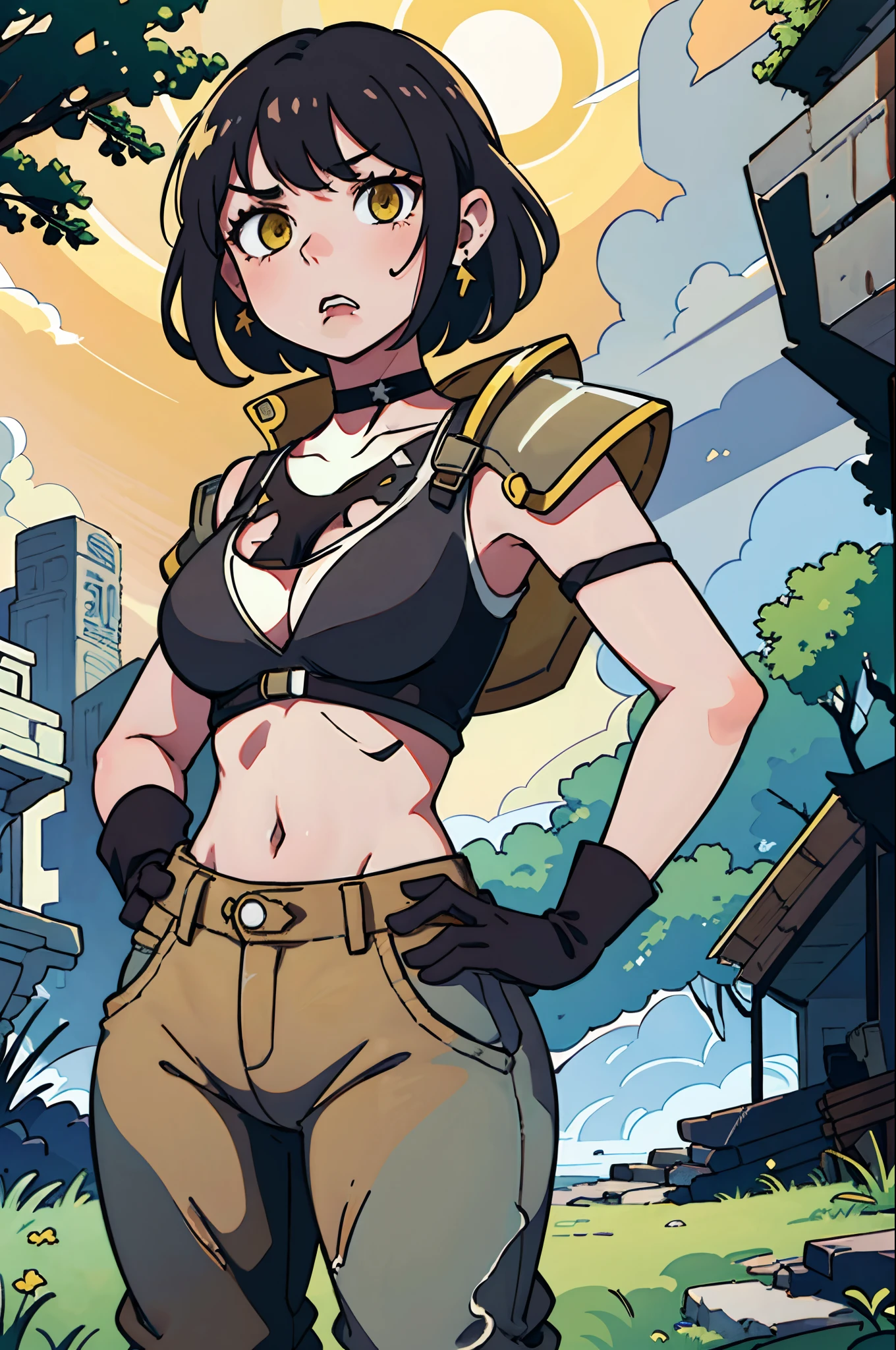 (best-quality:0.8), perfect anime illustration, masterpiece, natural lighting, 1girl, goblin girl, 1girl, solo, black hair, yellow eyes, jewelry, gloves, looking at viewer, earrings, thighs, medium breasts, black gloves, wide hips, choker, thick thighs, spikes, cowboy shot, black choker,  shoulder armor, neutral expression, bangs, short hair, wavy hair, hands on hips, forest, outside, day, sun beams, crazy eyes, cleavage, big ears, confident, ruins, angry, ripped clothes, brown pants,