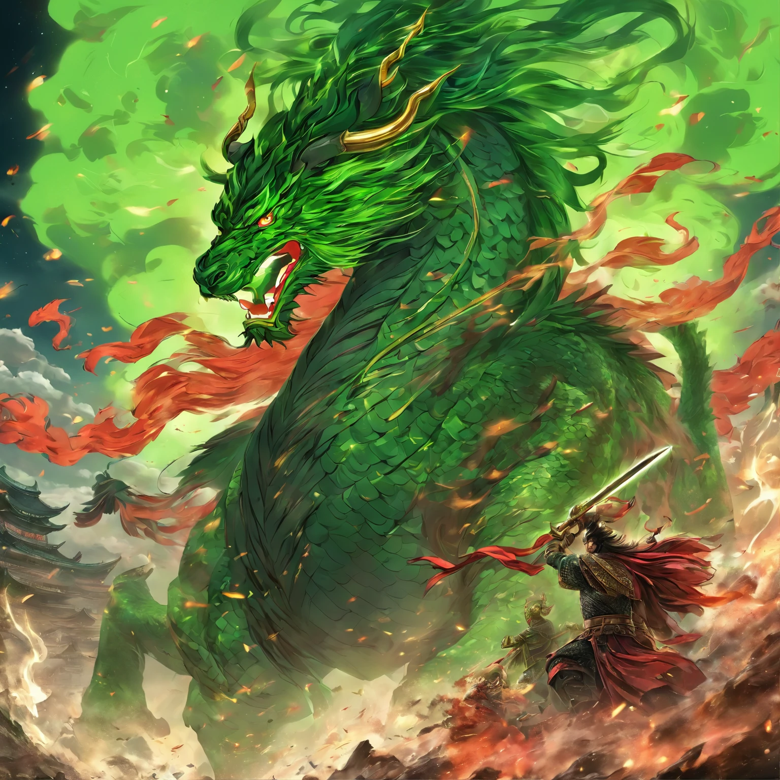 Guan Yu in the Romance of the Three Kingdoms，Guan Yu rode a red horse through the field, Sultan Mohammed style, solo, Perspective,The huge green dragon knife slashed at the audience,The green dragon invited the moon knife， Knife with translucent fluorescent green dragon, Exaggerated perspective, amazing moment, Emerald and bronze,Fluorescent green, best qualtiy，tmasterpiece，Artistic effects，8K，rendering by octane