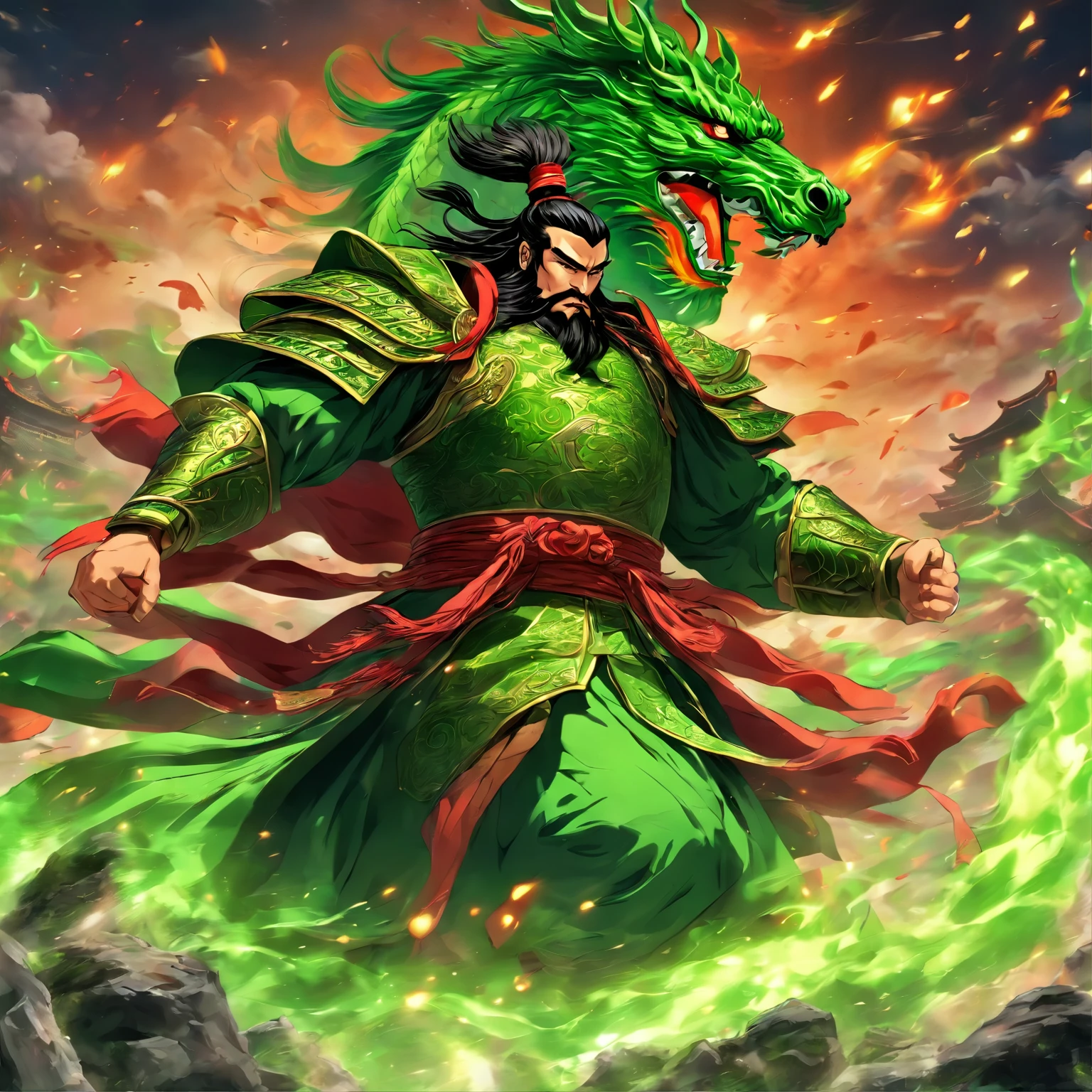 Guan Yu in the Romance of the Three Kingdoms,Guan Yu rode a red horse through the field, Sultan Mohammed style, solo, Perspective,The huge green dragon knife slashed at the audience,The green dragon invited the moon knife, Knife with translucent fluorescent green dragon, Exaggerated perspective, amazing moment, Emerald and bronze,Fluorescent green, best qualtiy,tmasterpiece,Artistic effects,8K,rendering by octane