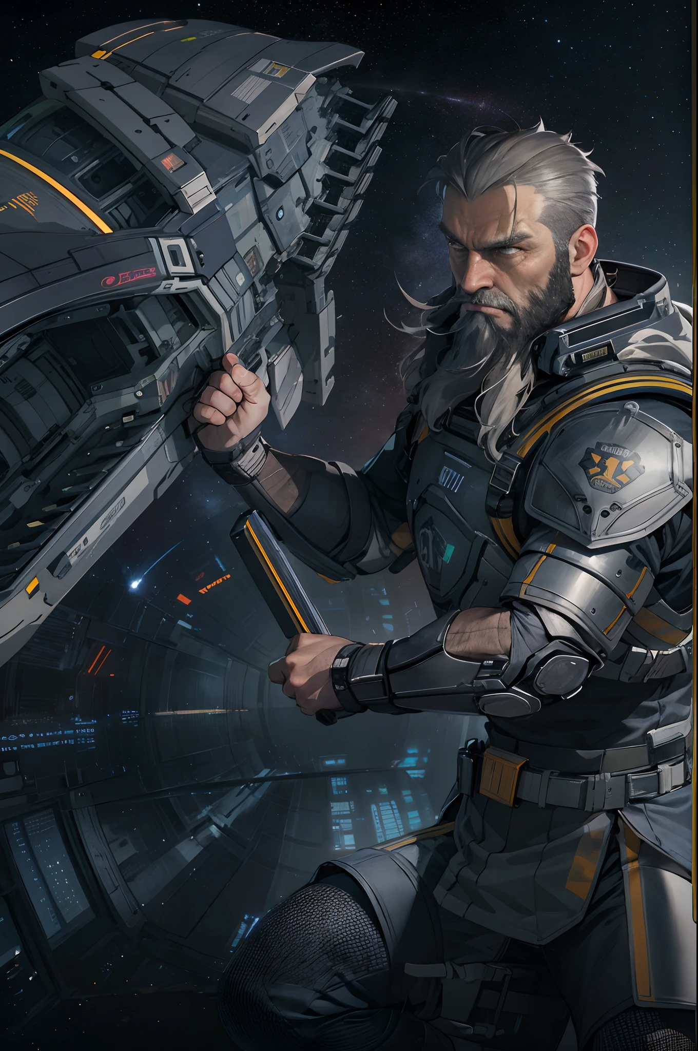 modelshoot of middle aged black bearded viking, scifi battle armour, fighting pose, futuristic background, highly detailed, spaceships in background.