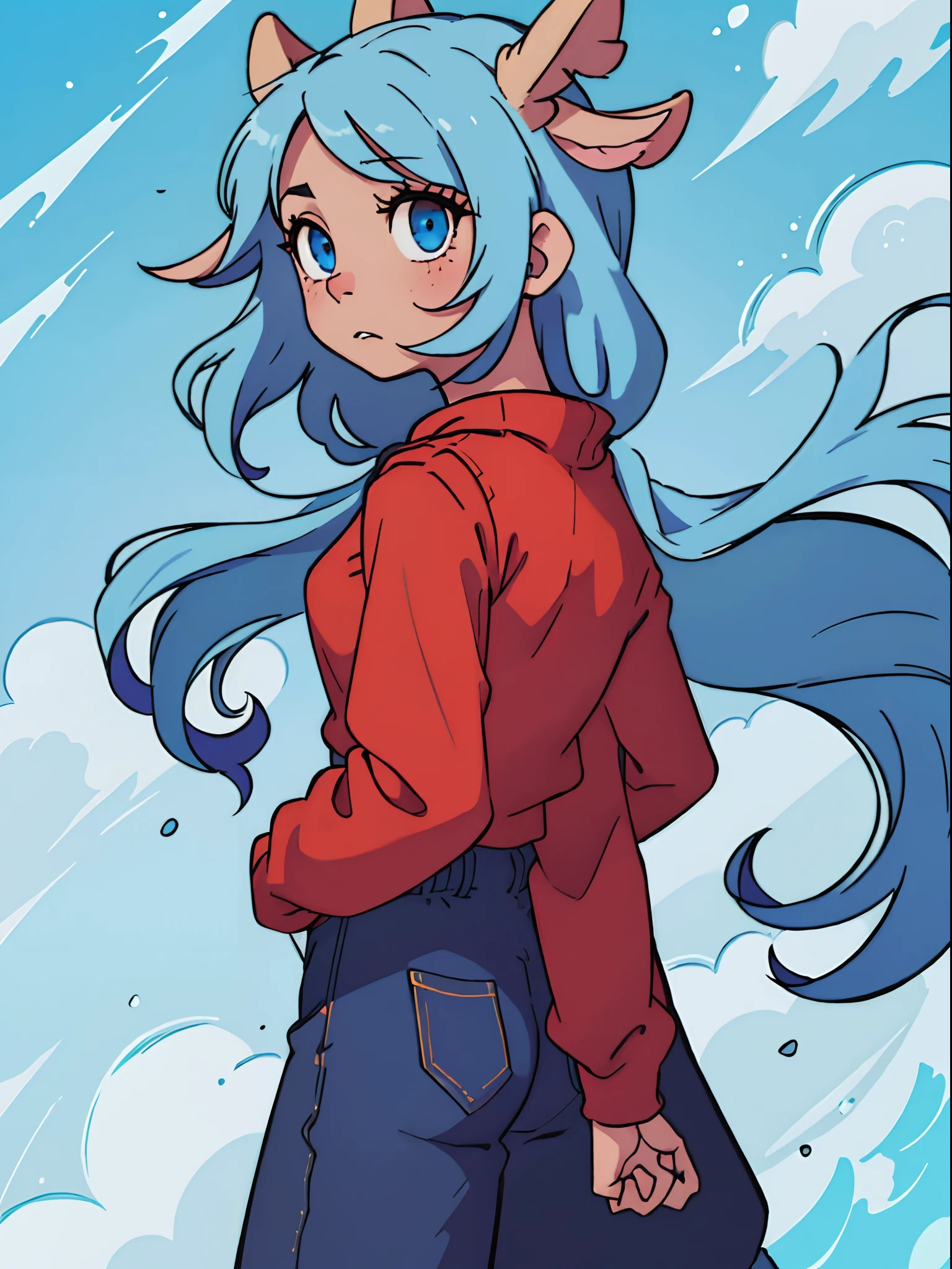 (best quality: 0.8), perfect anime illustration, 1 girl, from behind, looking back, blue hair, puffy pants, puffy sleeves, red sweater, blue eyes, long hair