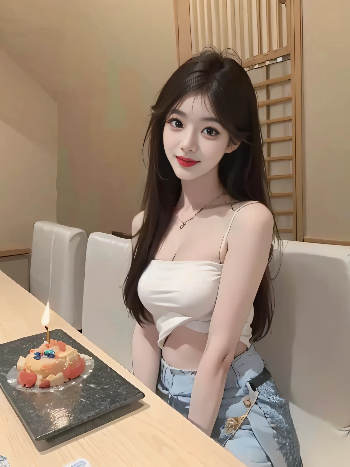 (8k, RAW photo, best quality, masterpiece:1.2), (realistic, photo-realistic:1.4), ultra-detailed, (Kpop idol),perfect detail , looking at viewer,make up, Jessica Marie Alba,
huge breast, cleavage, smile,
The Alafi woman sat at the table，Holding cake and candles, Korean girl, 2 2 years old, 21 years old, beautiful Korean women, 18 years old, 2 3 years old, 2 7 years old, 19-year-old girl, 2 8 years old, Chinese girl, Beautiful Asian girl, young and cute girl