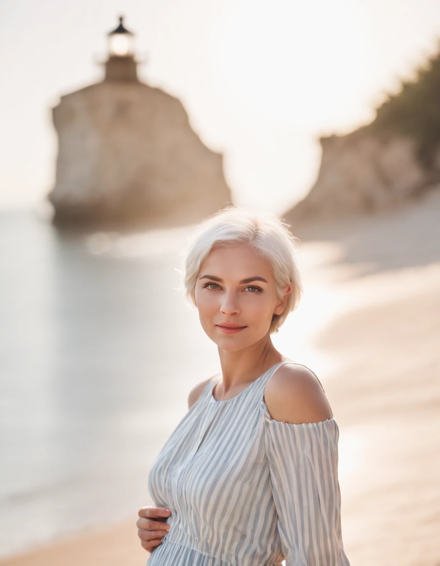 Coastal beauty, pregnant woman in a charming nautical outfit, (short white hair), striped shirt, (bright eyes, sun-kissed skin, carefree expression), sandy beach background, lighthouse, gentle sea breeze, playful pose, dynamic composition, golden hour lighting, blurred background, rich colors, fine details, hyperrealistic, 50mm lens, relaxed atmosphere. portrait photography, 35mm film, natural blurry