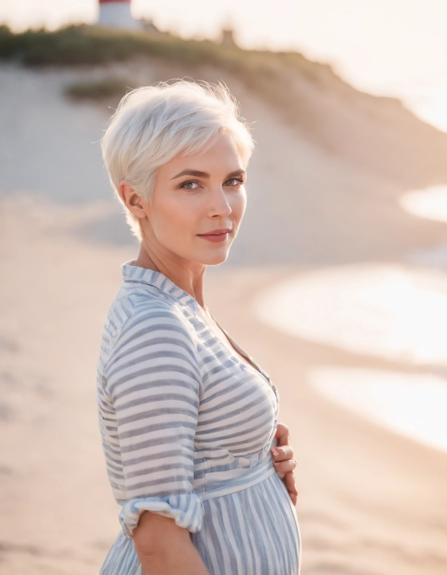 Coastal beauty, pregnant woman in a charming nautical outfit, (short white hair), striped shirt, (bright eyes, sun-kissed skin, carefree expression), sandy beach background, lighthouse, gentle sea breeze, playful pose, dynamic composition, golden hour lighting, blurred background, rich colors, fine details, hyperrealistic, 50mm lens, relaxed atmosphere. portrait photography, 35mm film, natural blurry