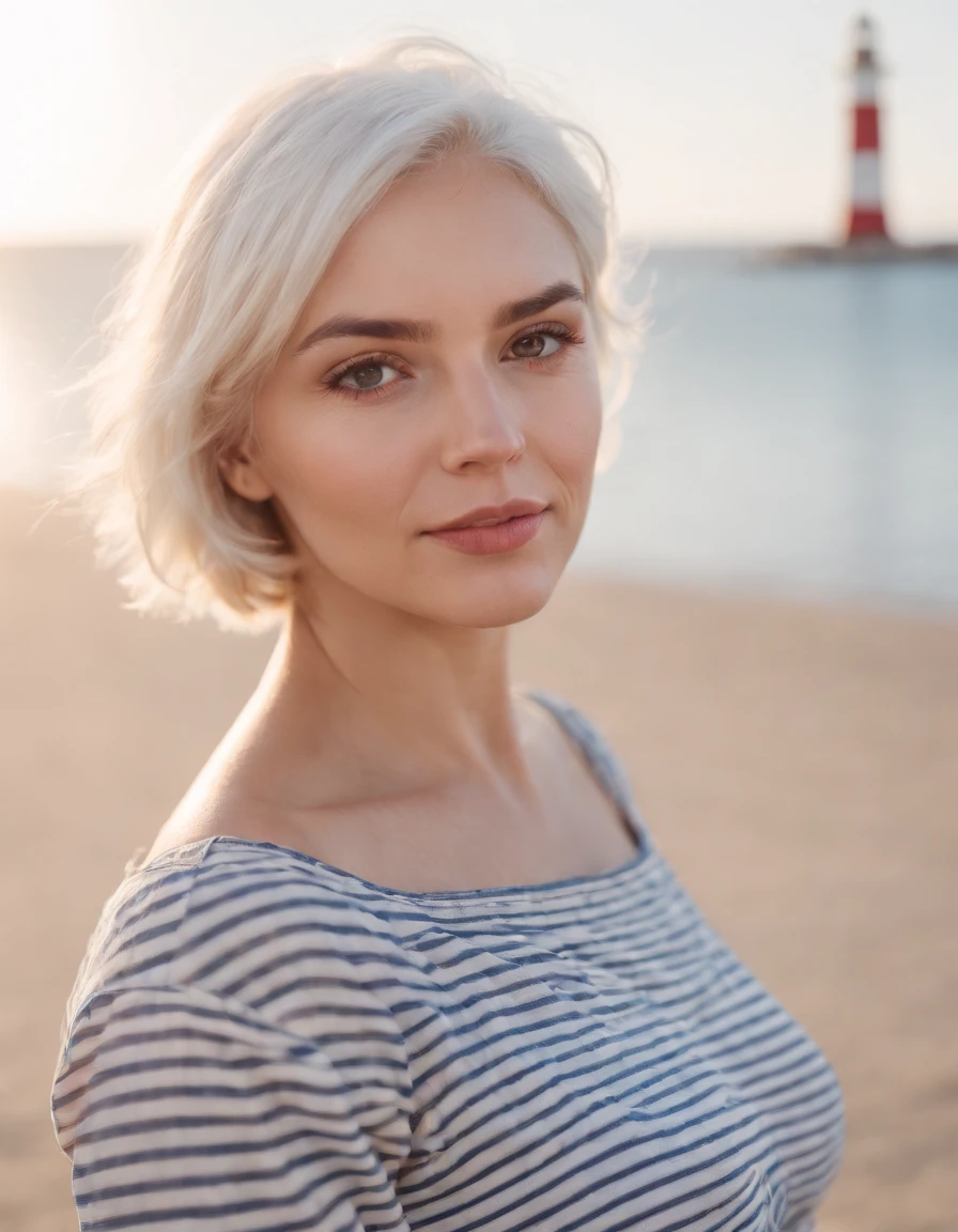Coastal beauty, pregnant woman in a charming nautical outfit, (short white hair), striped shirt, (bright eyes, sun-kissed skin, carefree expression), sandy beach background, lighthouse, gentle sea breeze, playful pose, dynamic composition, golden hour lighting, blurred background, rich colors, fine details, hyperrealistic, 50mm lens, relaxed atmosphere. portrait photography, 35mm film, natural blurry