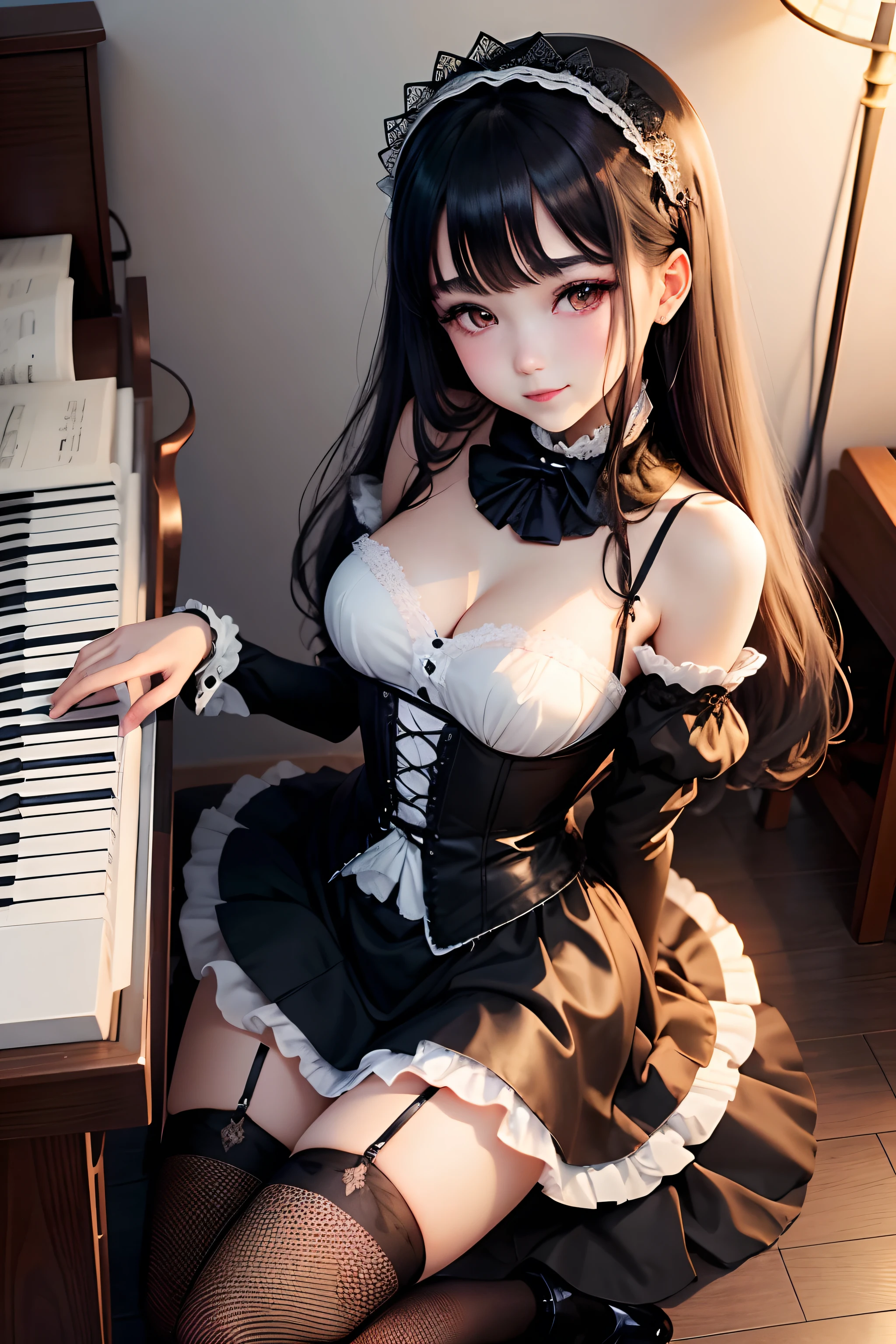 maid clothes、Black straight hair、masturbation、A sexy、Glamour、Gothic lolita、A slight smil、A sexy、Normal mesh、独奏、Glamorous、perspiring、splash water、light、Play the synthesizer、Playing the piano、Playing the organ、gotik、wretched、、Black Knee High Socks、garters、panthyhose、be shy、Cheek dyeing、bewitching、