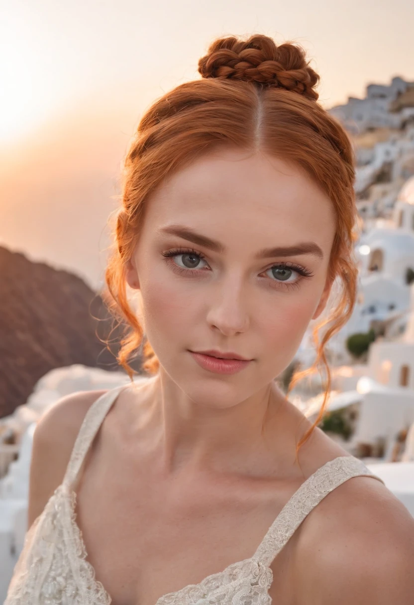 A beautiful young and beautiful attractive girl with ginger braided hair in a bun wearing glamorous makeup, watching the sunset in Santorini, Greece. looking at the camera, Meio Corpo, fotorrealista,upper body
