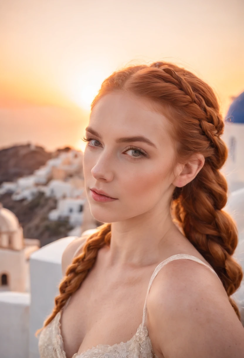 A beautiful young and beautiful attractive girl with ginger braided hair in a bun wearing glamorous makeup, watching the sunset in Santorini, Greece. looking at the camera, Meio Corpo, fotorrealista,upper body