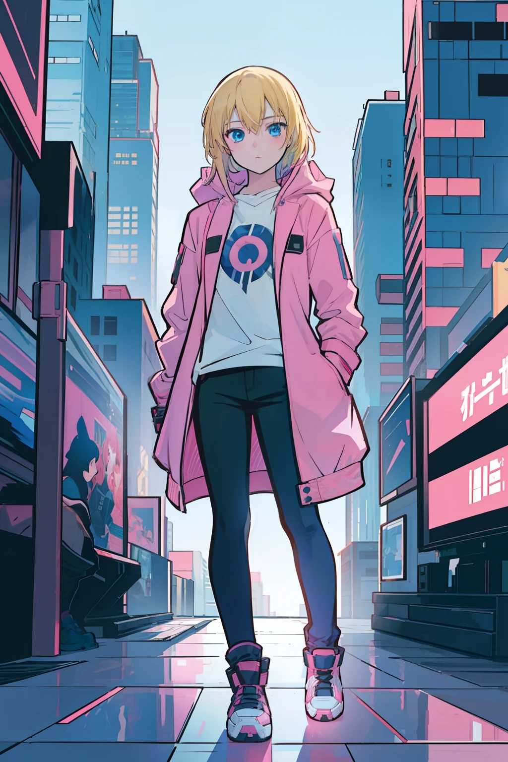 solo, 1girl, (masterpiece), ((16 year old appearance)), Blonde hair, blue eyes, anime girl, Dark pink jacket, Black pants, cyberpunk city,