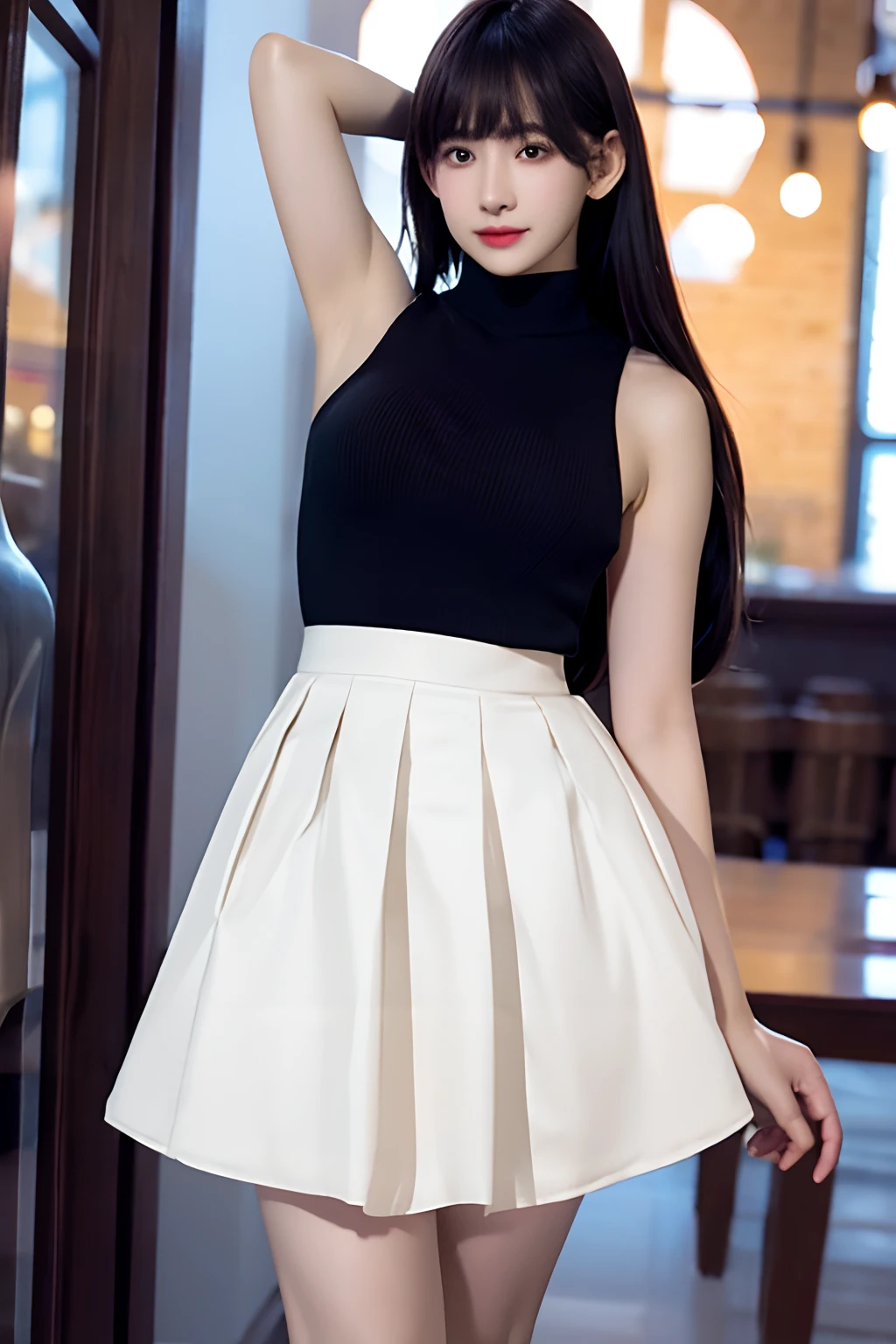 Shiny tight skirt、raise arms、Show armpits、Turn up your skirt、Long body、A slender、Inside the city、adult woman、adult lady、skin-tight