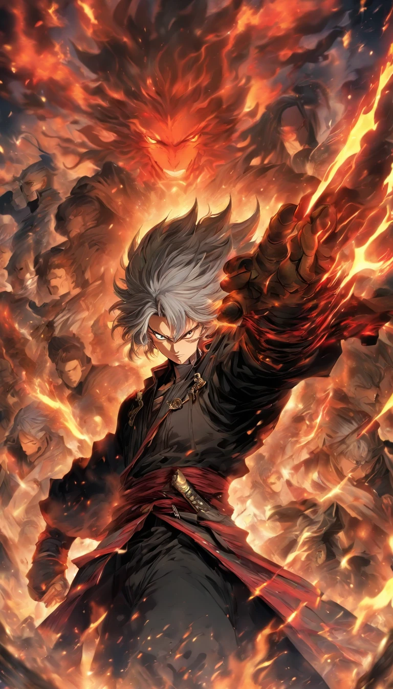 A gray-haired, The red-eyed man wore a black jacket, Sword formation,There are a lot of swords around,Turbulent flames