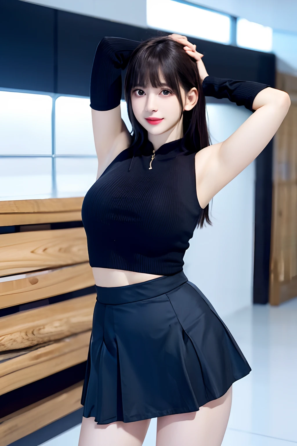 Shiny tight skirt、raise arms、Show armpits、Turn up your skirt、Long body、A slender、Inside the city、adult woman、adult lady、skin-tight