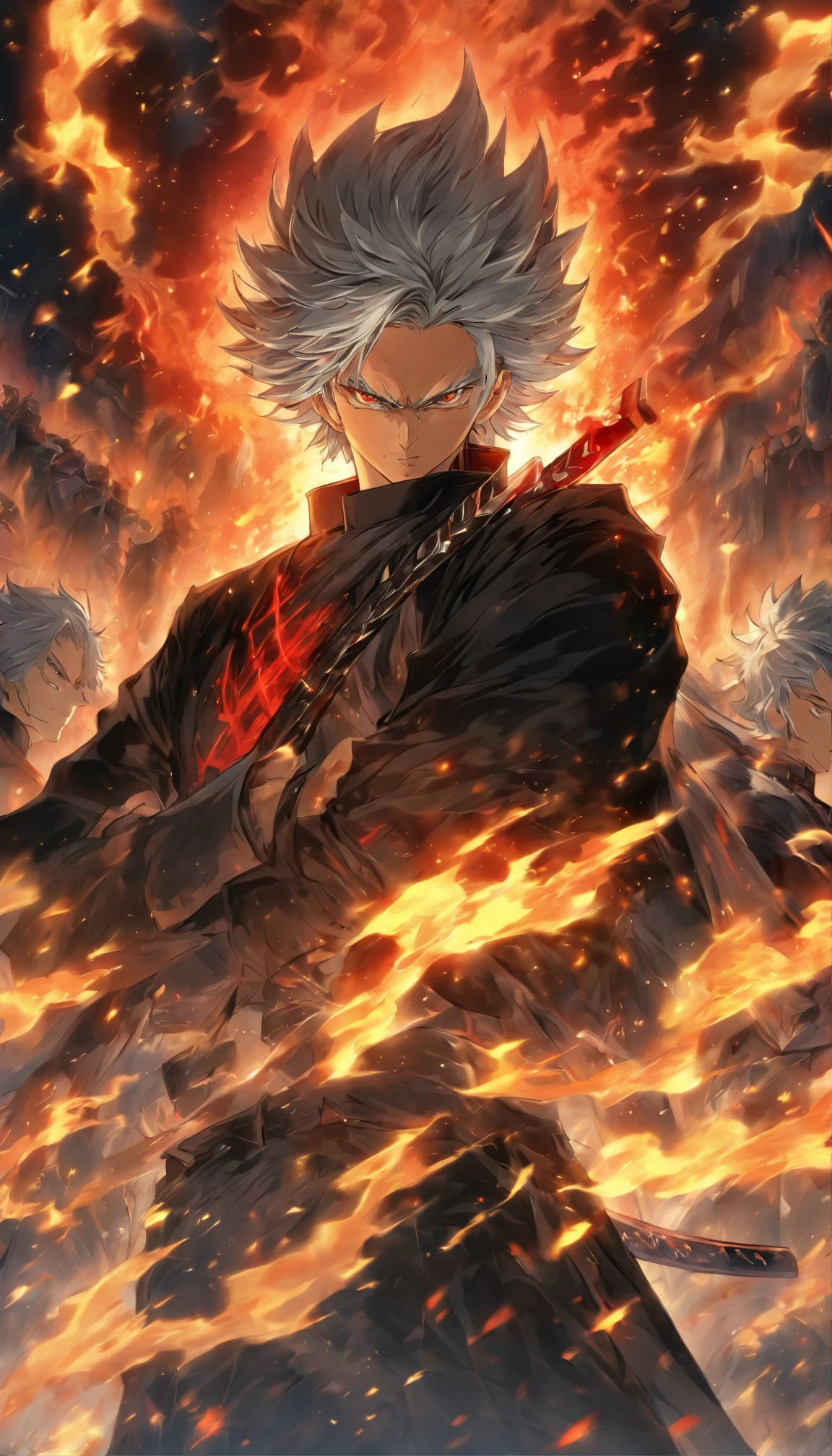 A gray-haired, The red-eyed man wore a black jacket, Sword formation,There are a lot of swords around,Turbulent flames