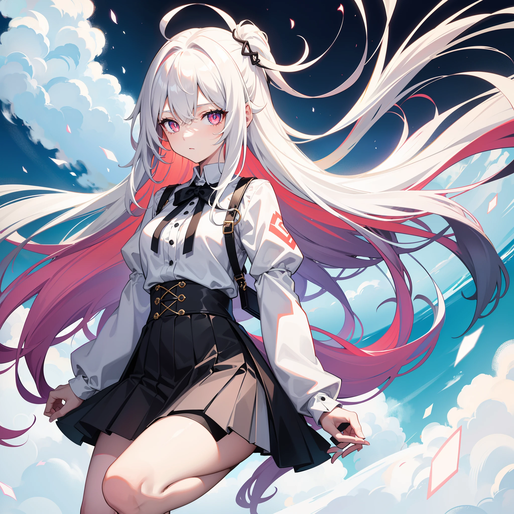 Long colored hair,Colorful pupils,Girl in white low-cut outfit,black short skirt,Tilted viewing angle from top to bottom,Very cool expression,D-cups