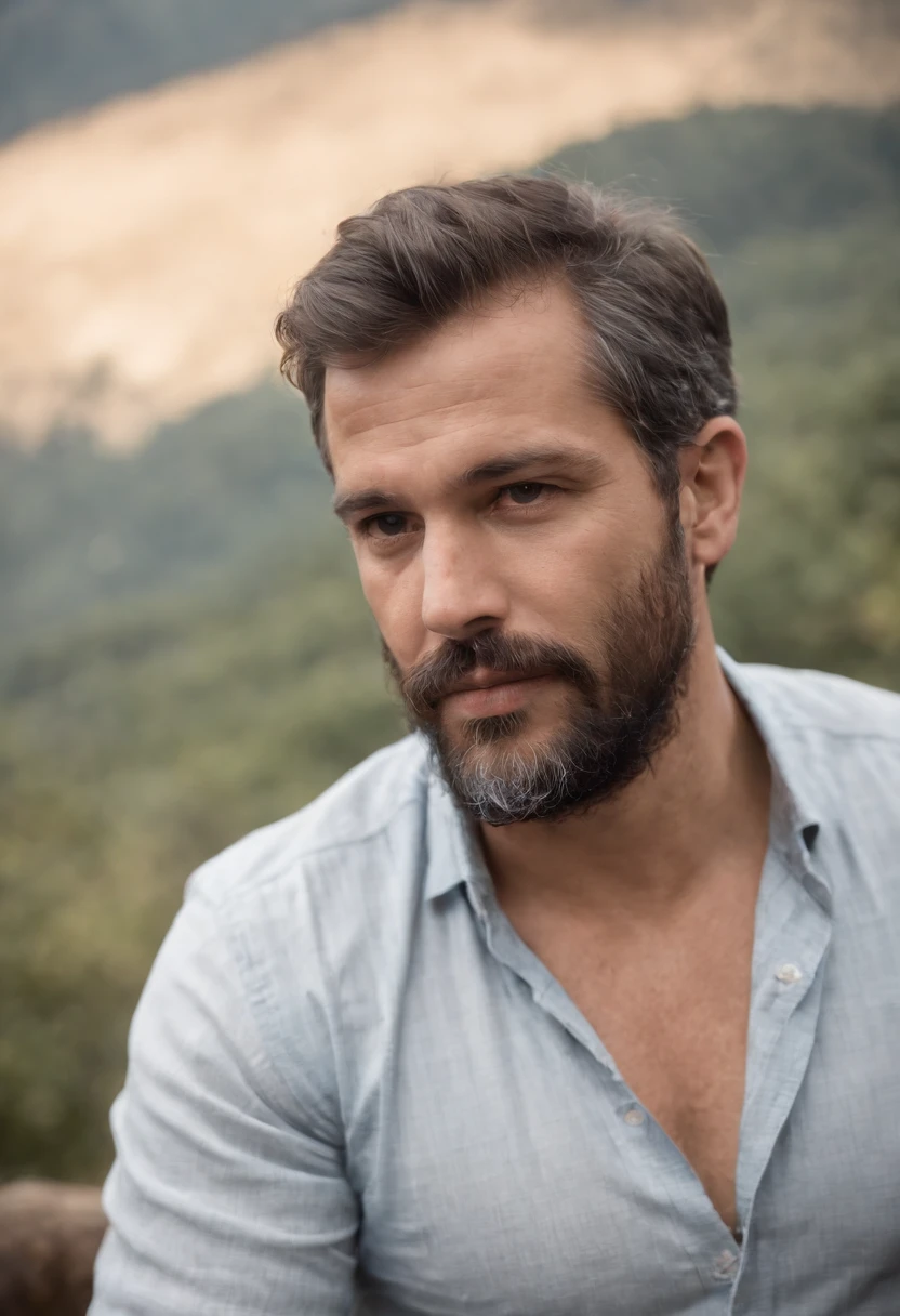 Um fotografo de 35 anos, 80 Kg, calvo, barba, fotografando as montanhas de cafezais de Minas Gerais no Brasil