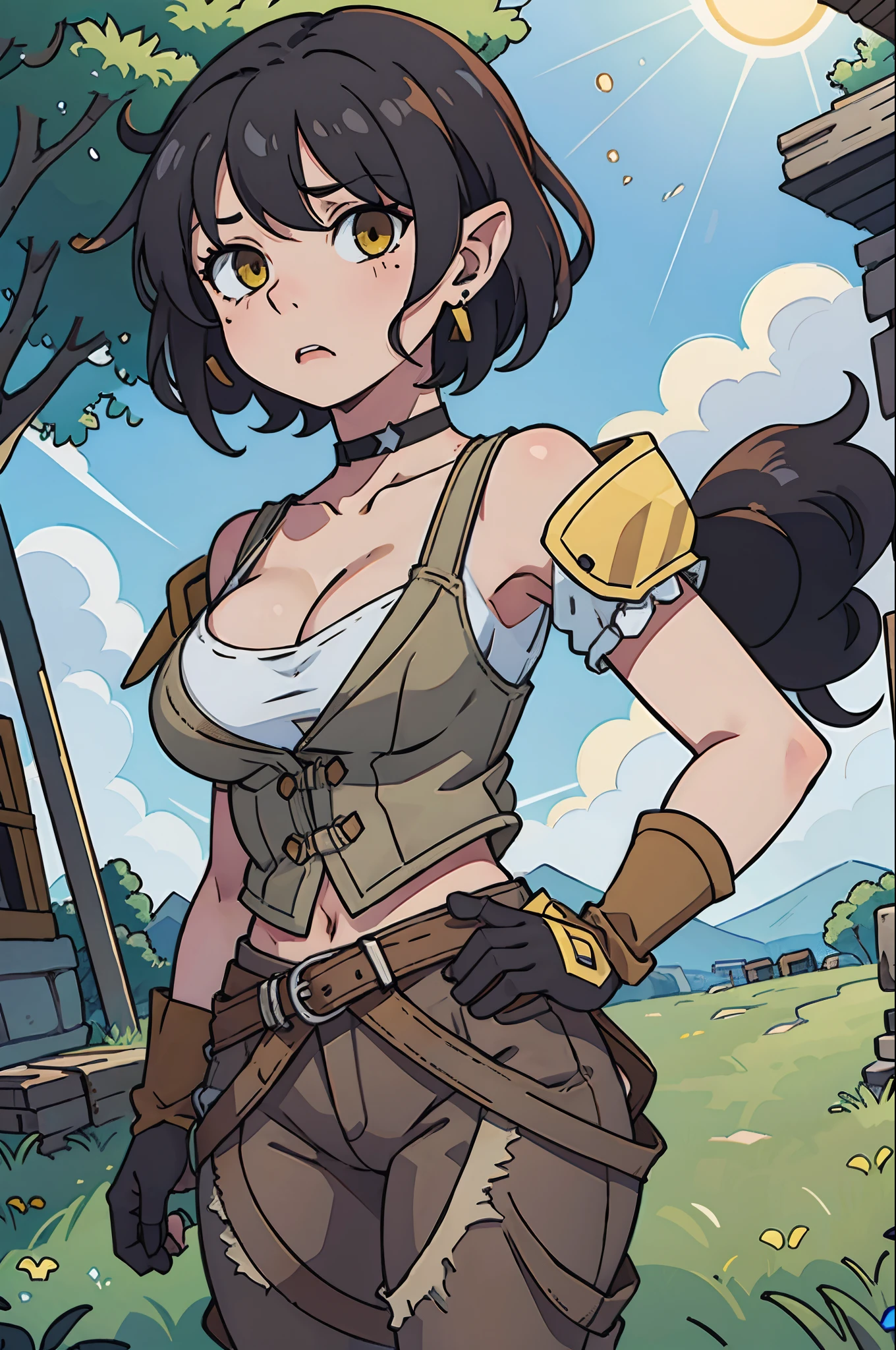 (best-quality:0.8), perfect anime illustration, masterpiece, natural lighting, 1girl, goblin girl, 1girl, solo, black hair, yellow eyes, jewelry, gloves, looking at viewer, earrings, thighs, medium breasts, black gloves, wide hips, choker, thick thighs, spikes, cowboy shot, black choker, shoulder armor, neutral expression, bangs, short hair, wavy hair, hands on hips, forest, outside, day, sun beams, crazy eyes, cleavage, big ears, confident, ruins, angry, ripped clothes, brown pants,