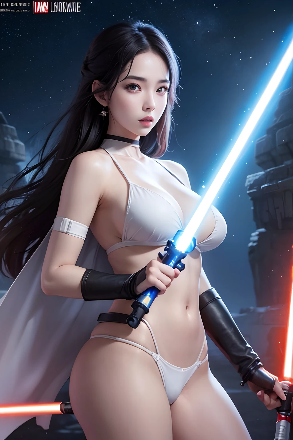 araffe star wars sexy woman with lightsabed sword in a bikini, amouranth, skywalker, better known as amouranth, female jedi, with lightsaber sword, amouranth as a super villain, holding lightsaber 4 k, with light-saber, star wars character, holding a lightsabre. splash art, rey, korean girl, beautiful young korean woman, korean woman, heonhwa choe , big breast, show breast, light white hair