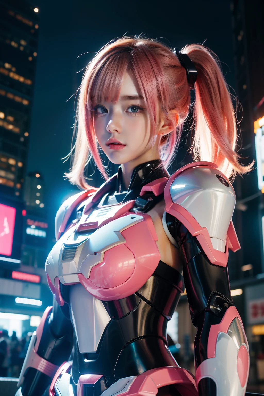 1girl, (Super:1.2), RAW photos, (realisticlying:1.37, realisticlying), HD CG unified 8K wallpaper, ((straight from the front))), (Head office skin: 1.8, Glow skin), 8K UHD, digital SLR camera, gentle illumination, high high quality, ((shiny gundam armor)), (mecha girl), neon style, pink hair, akihabara background, ((super detail)), (cinematic quality)