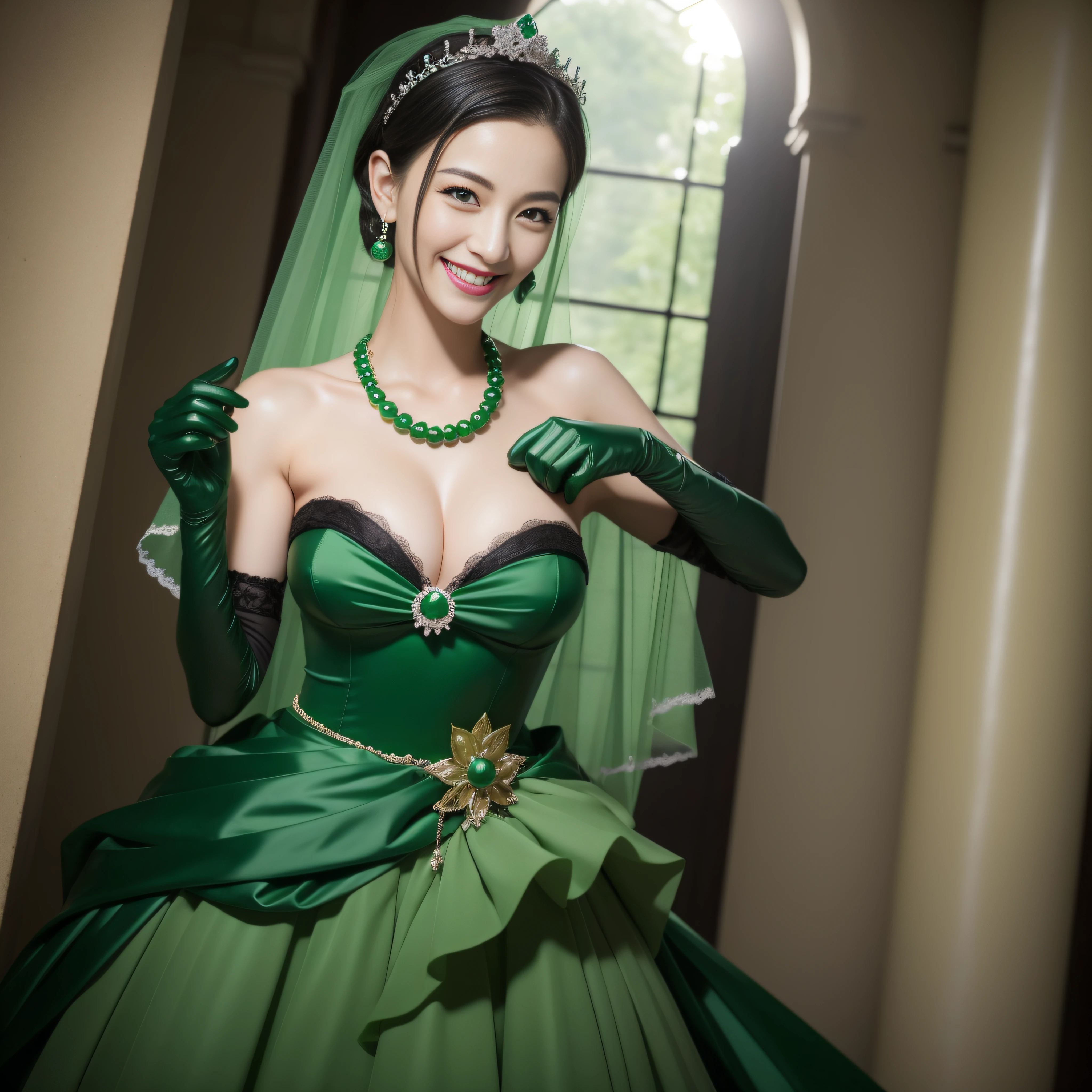 Boyish very short black hair, lipsticks, Japan woman smiling, Green Long Grove, Long green gloves made of satin material, lipsticks, Japan woman smiling, Satin green long gloves, emerald tiara, Green Pearl Necklace, verd s eyes, Green eyes, Long green gloves made of satin material, big breasts beautiful, Green Bridal Veil, Emerald Earrings, Green dress