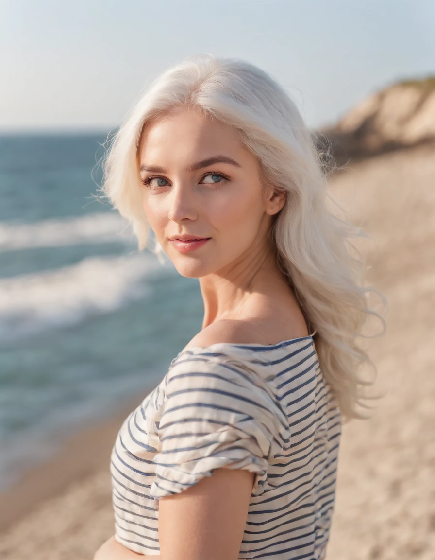 Coastal beauty, pregnant woman in a charming nautical outfit, (white hair), striped shirt, (bright eyes, sun-kissed skin, carefree expression), sandy beach background, lighthouse, gentle sea breeze, playful pose, dynamic composition, golden hour lighting, blurred background, rich colors, fine details, hyperrealistic, 50mm lens, relaxed atmosphere. portrait photography, 35 mm f/8, natural blurry